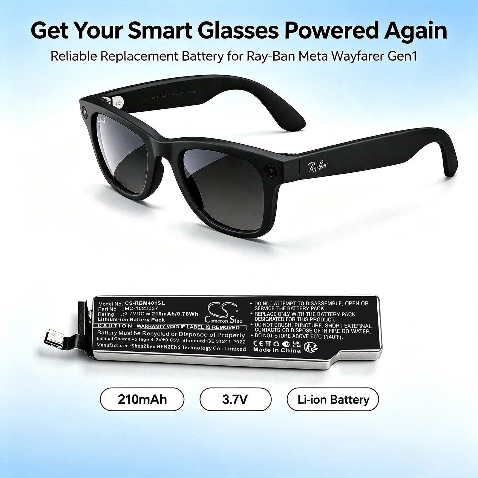 Batteri til VR for Ray-Ban Meta Wayfarer Gen1, Meta Wayfarer Gen2, RW4001 m.fl.