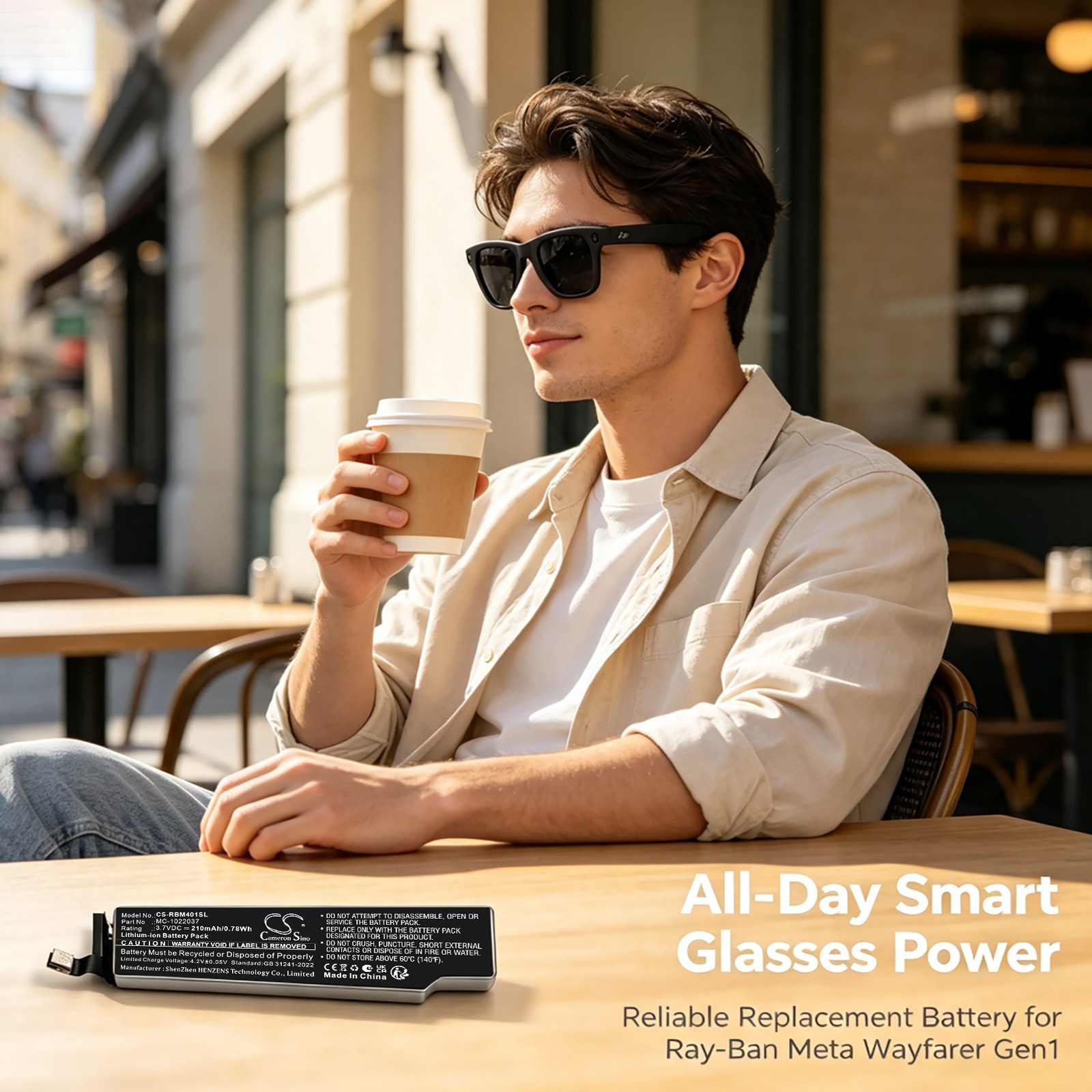 Batteri til VR for Ray-Ban Meta Wayfarer Gen1, Meta Wayfarer Gen2, RW4001 m.fl.