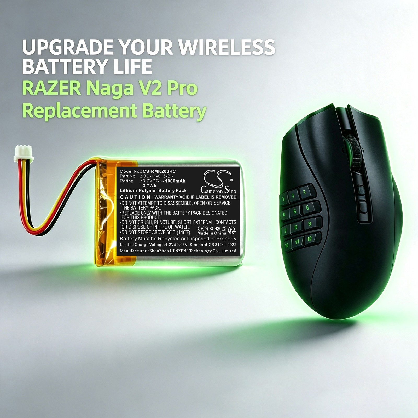 Batteri til tastatur og mus for RAZER Naga V2 Pro, Kain 202 Wireless Gaming Mouse