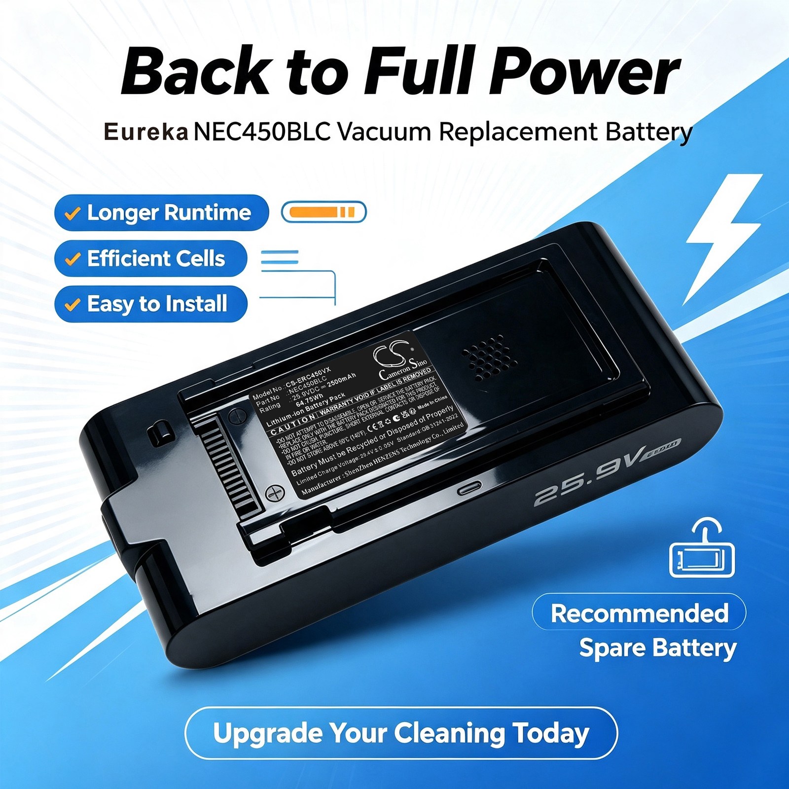 Batteri til Eureka NEC450BLC støvsuger, ReactiSense 450 trådløs stavstøvsuger