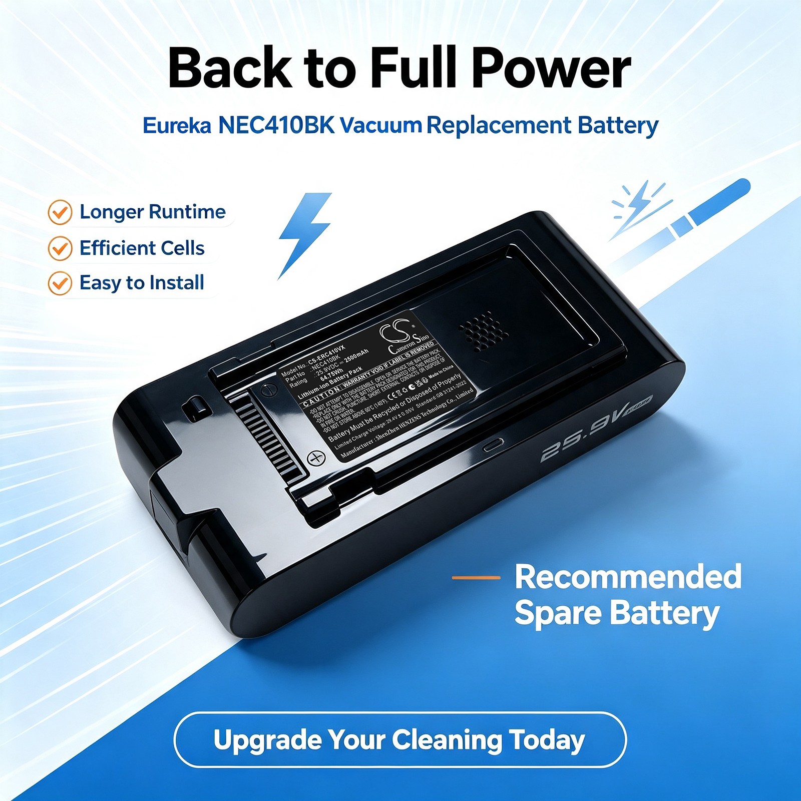 Batteri til Eureka NEC410BKC støvsuger, ReactiClean 410 Stick Vacuum