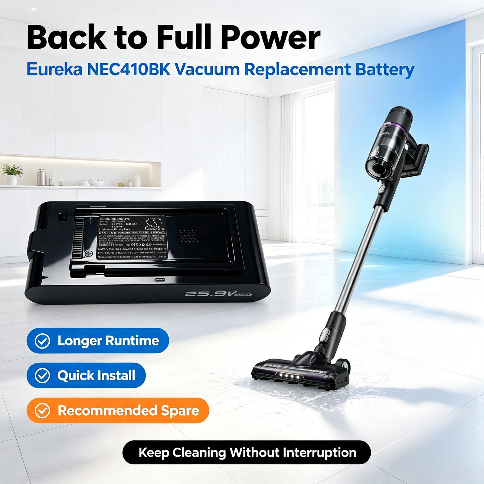 Batteri til Eureka NEC410BKC støvsuger, ReactiClean 410 Stick Vacuum