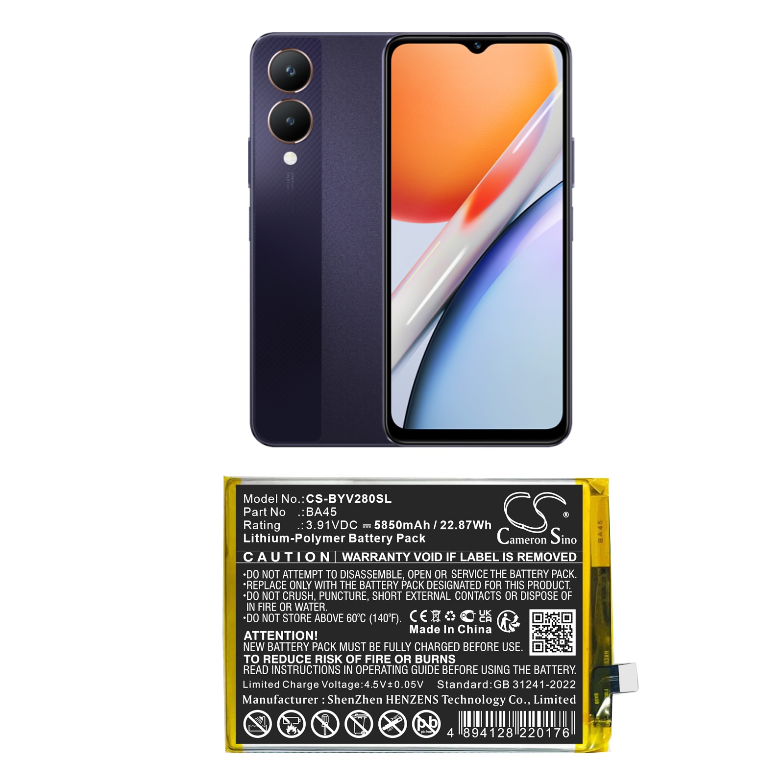 Batteri til mobiltelefon, smarttelefon for Vivo V2318A, Y28, Y36 5G m.fl.