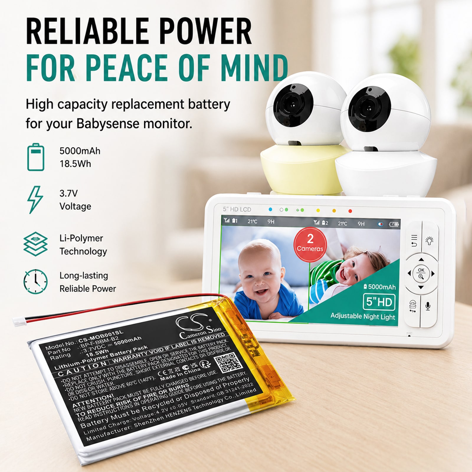 Batteri til BabyPhone for Bonoch  BBM03,  BBM05, MegaView Baby Monitor 7 BBM01