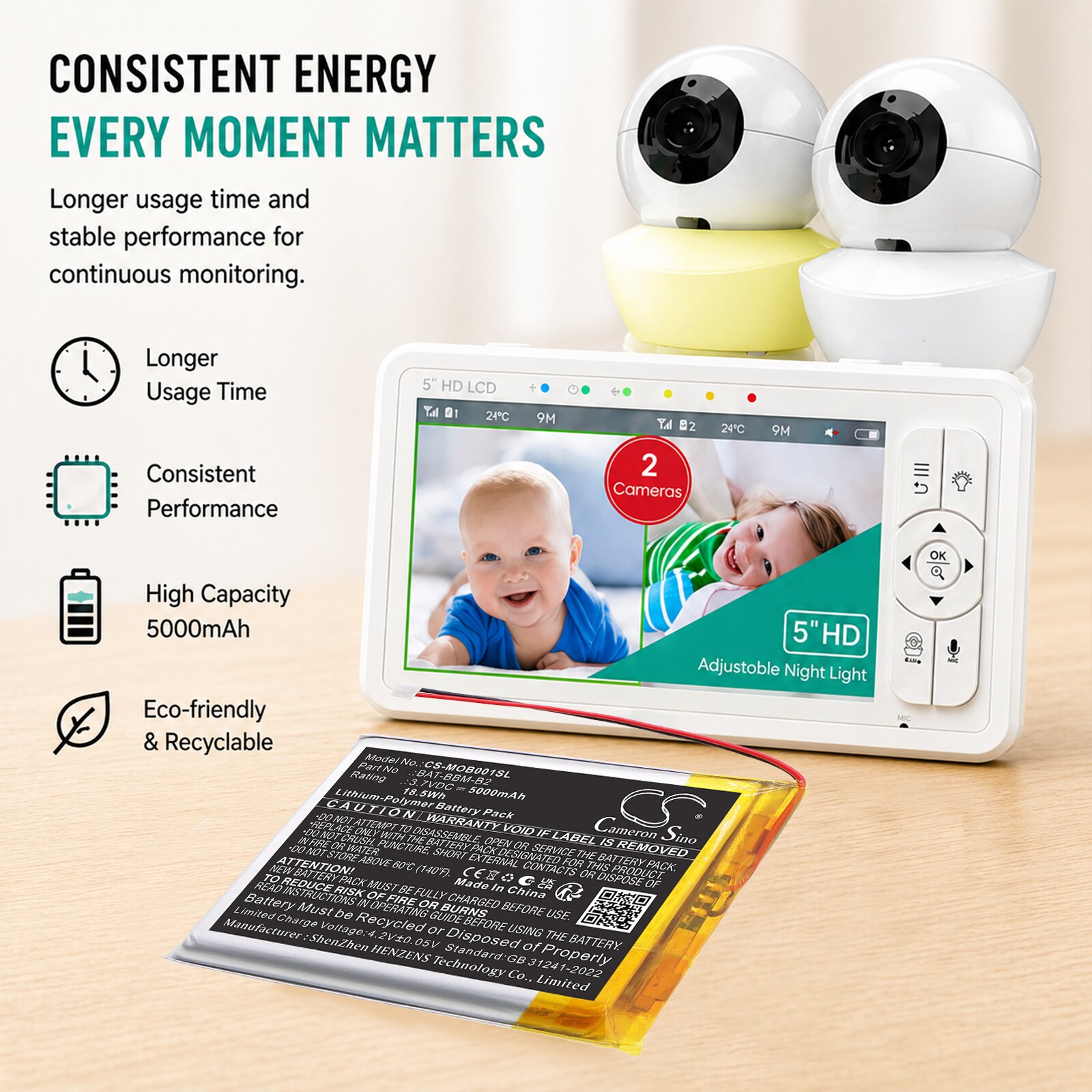 Batteri til BabyPhone for Bonoch  BBM03,  BBM05, MegaView Baby Monitor 7 BBM01