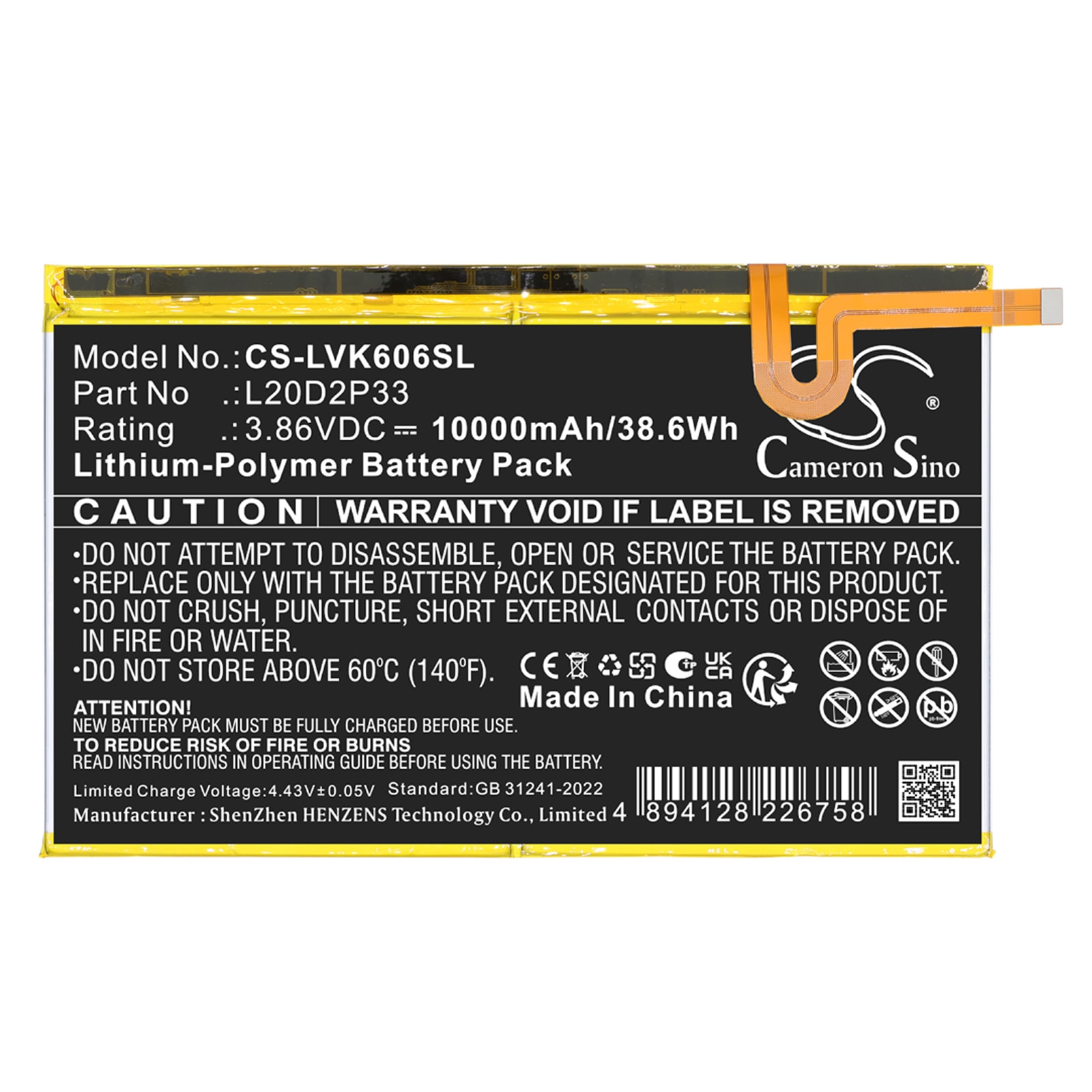 Batteri til nettbrett for Lenovo Yoga Pad Pro, YT-K606FW