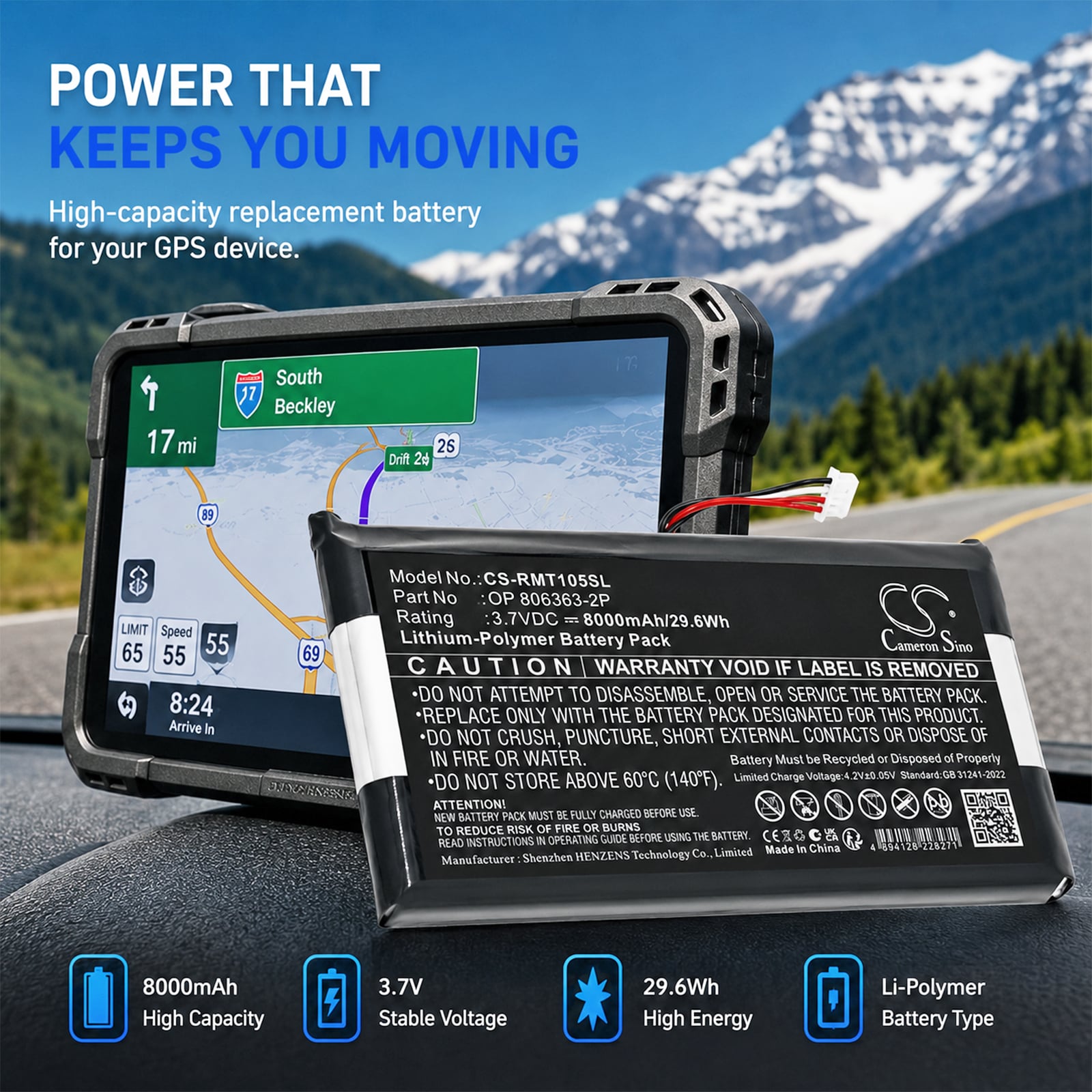 Batteri til GPS, navigasjonssystem for RAND McNally TND-1050