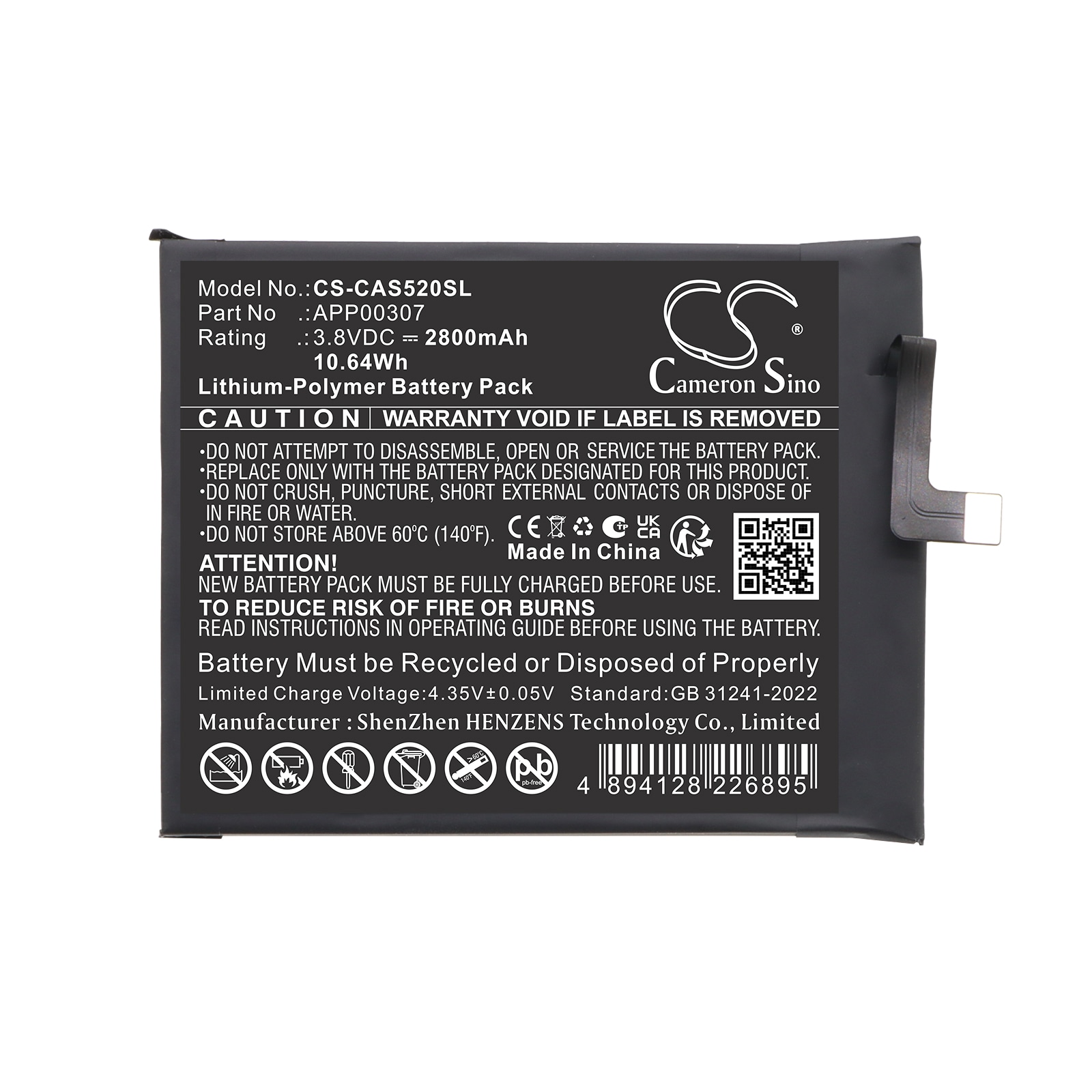 Batteri til mobiltelefon, smarttelefon for CAT S52