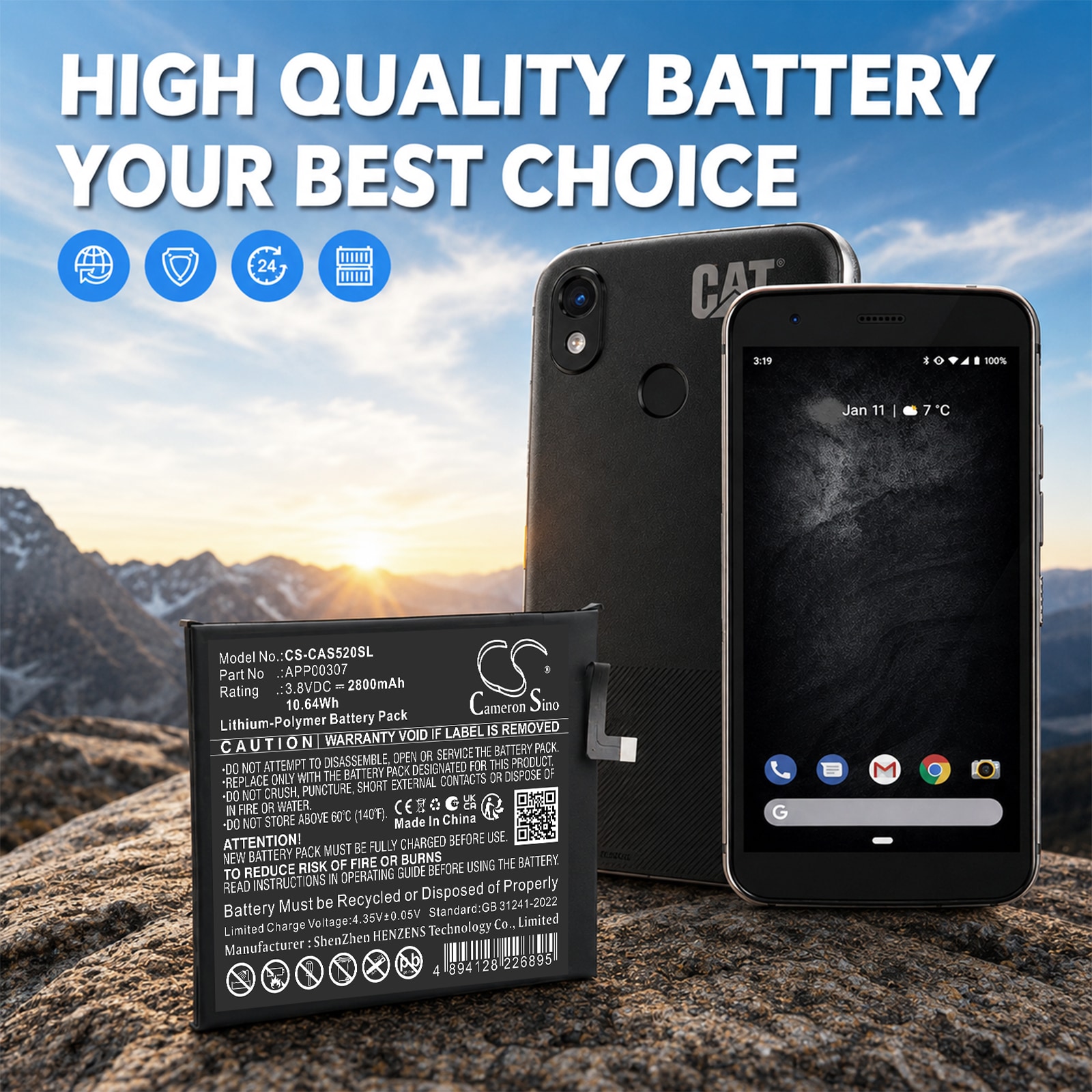 Batteri til mobiltelefon, smarttelefon for CAT S52