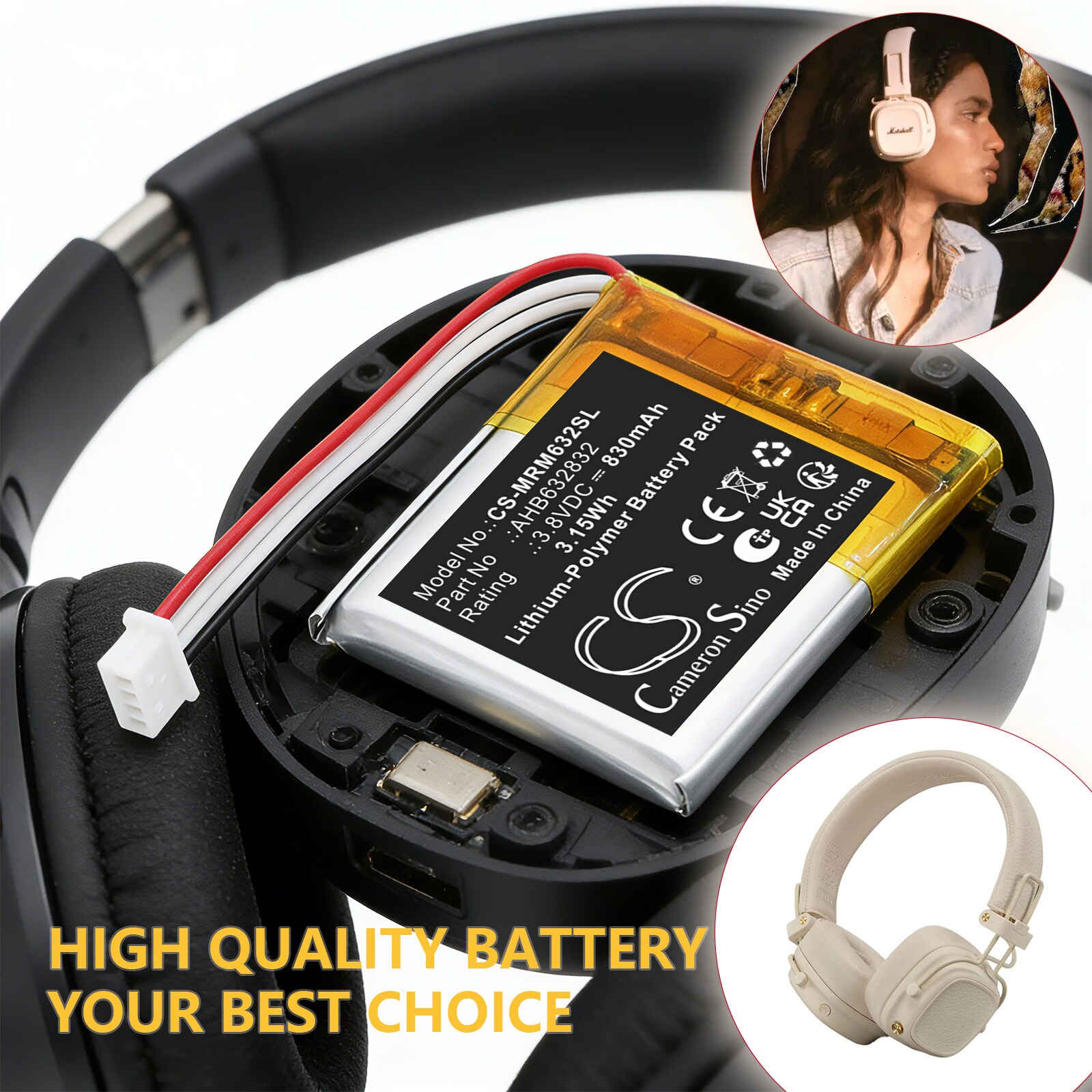 Batteri til trådløst headset for Marshall Major V