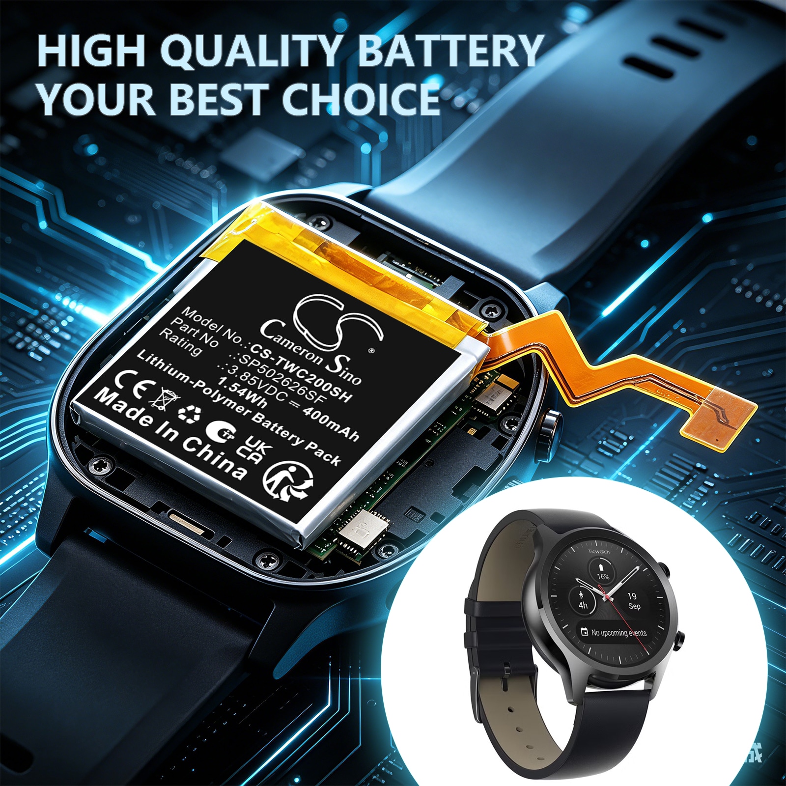 Batteri til smartklokke for Ticwatch C2
