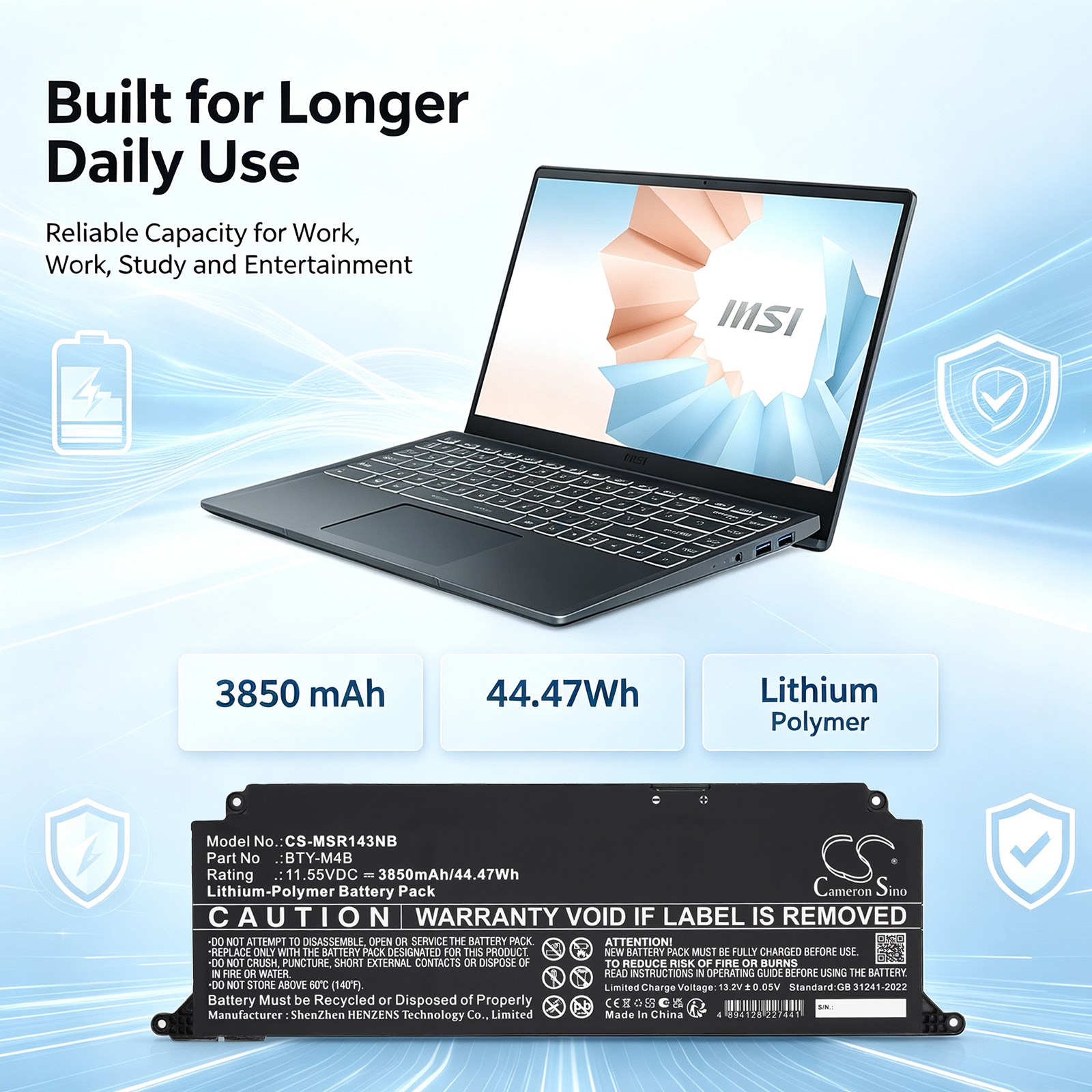 Batteri til bærbar PC, til MSI F13MG-206XES, Modern 14