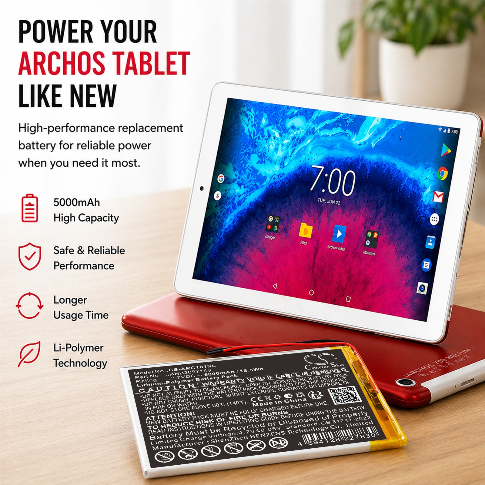 Batteri til nettbrett for Archos 101 Core 3G, AC101ASWFV2, AC101CR3GV2 m.fl.
