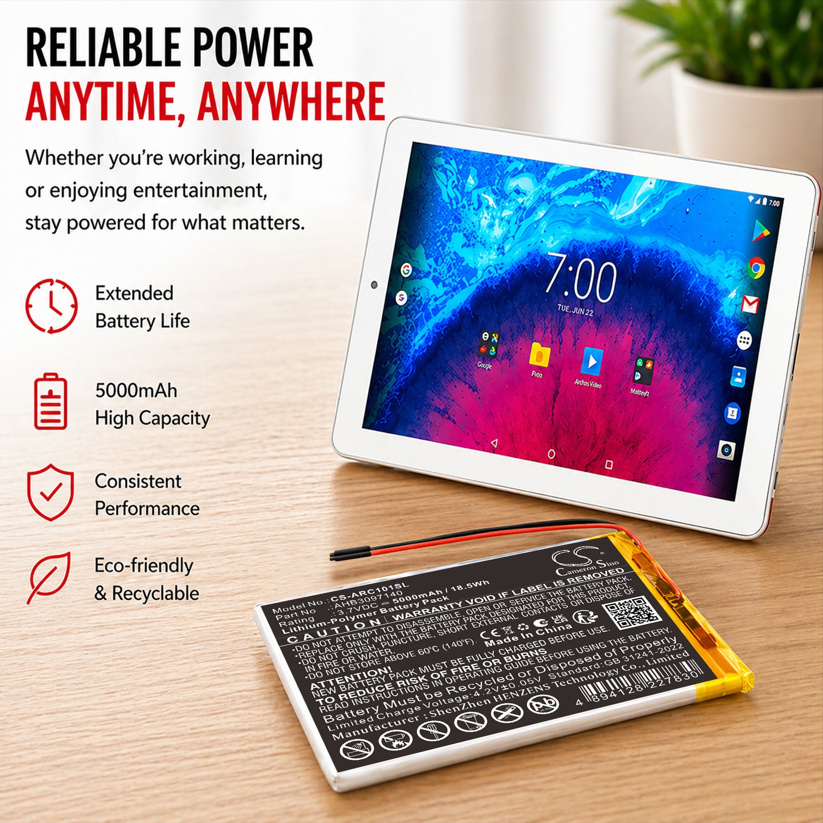 Batteri til nettbrett for Archos 101 Core 3G, AC101ASWFV2, AC101CR3GV2 m.fl.