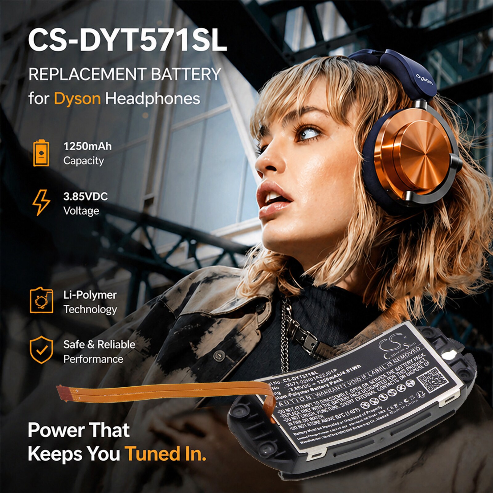 Batteri til trådløst headset for Dyson OnTrac-hodetelefoner, Ontrac WP02