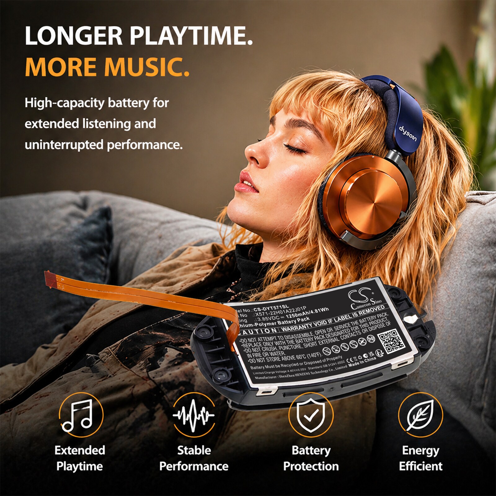 Batteri til trådløst headset for Dyson OnTrac-hodetelefoner, Ontrac WP02
