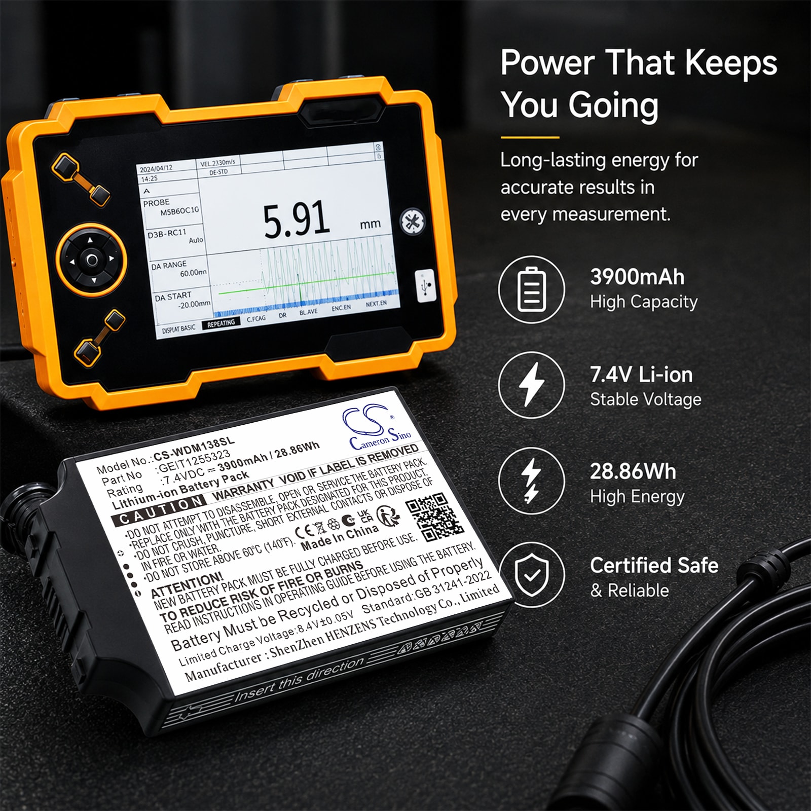 Batteri til kartlegging, testing, utstyr for GE DMS Go+, USM86, USM87 m.fl.