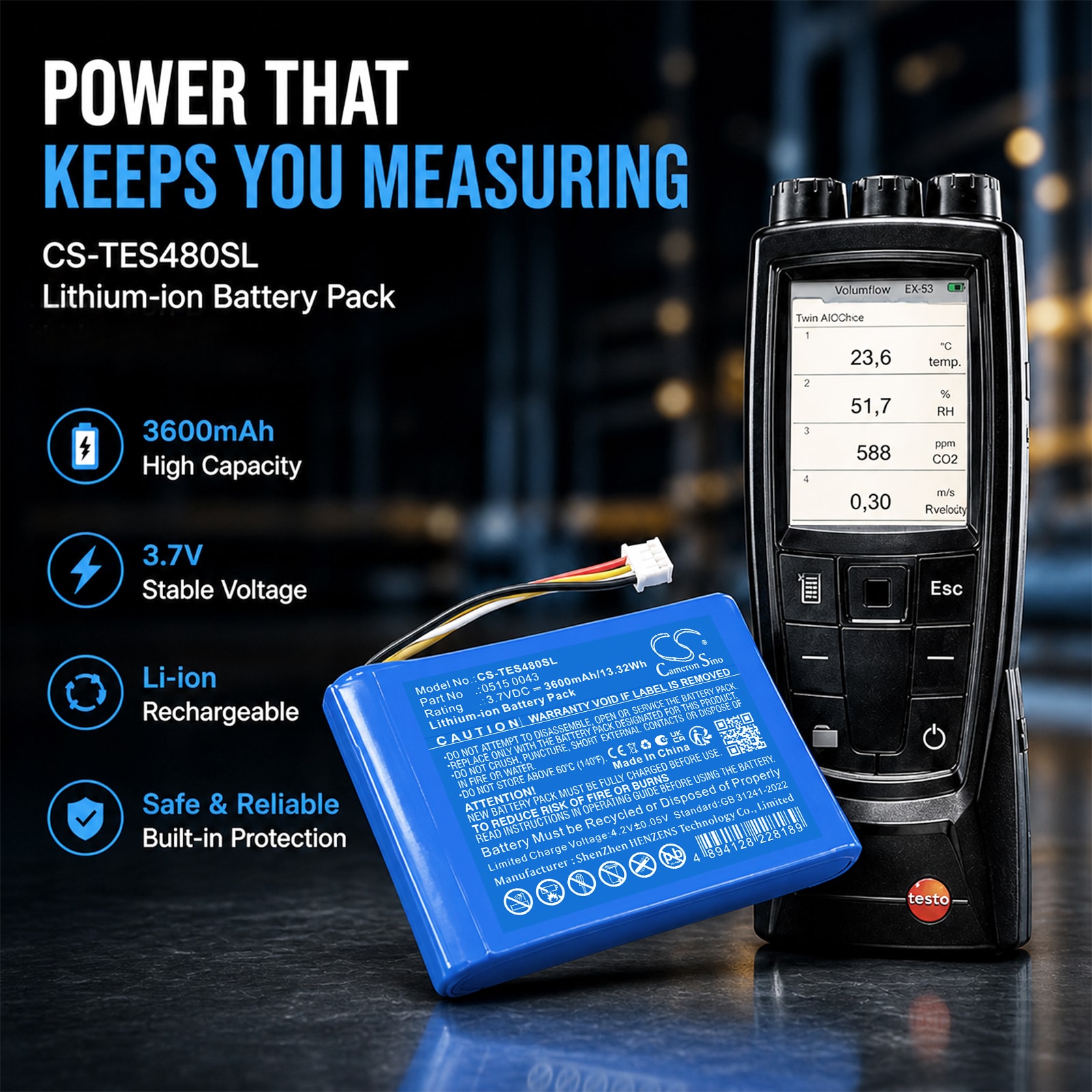 Batteri til kartlegging og testing, utstyr til Testo 480