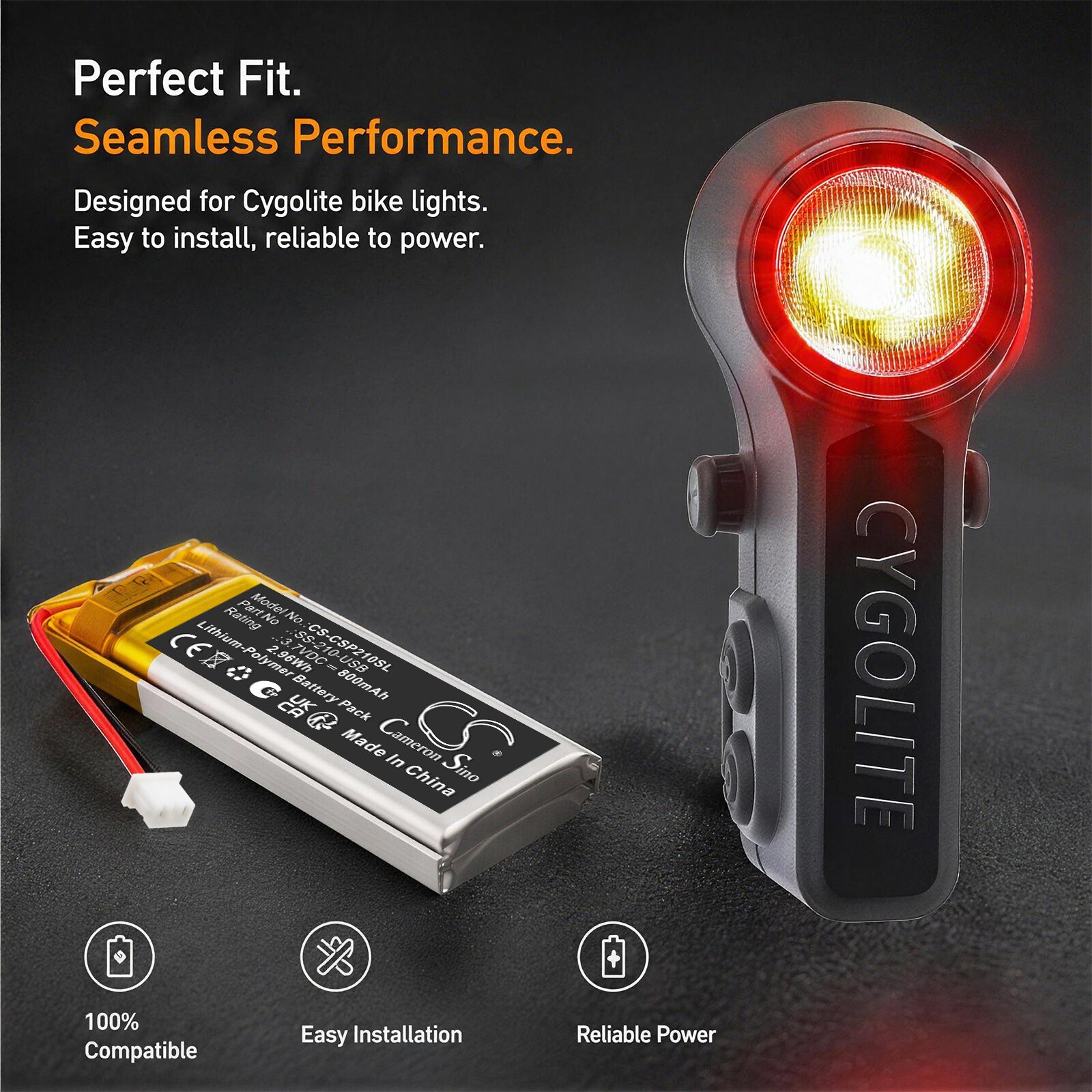 Batteri til sykkellykter for Cygolite Slingshot Pro 210 USB-baklykt