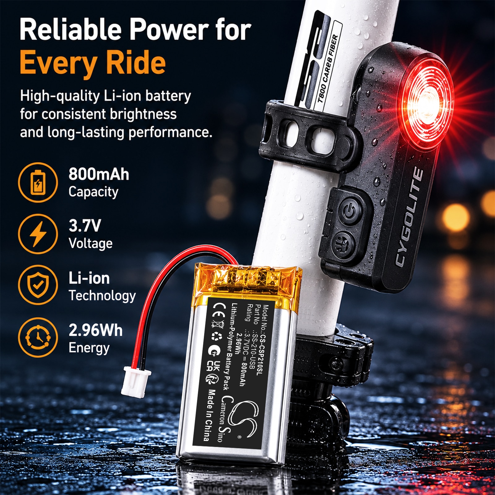 Batteri til sykkellykter for Cygolite Slingshot Pro 210 USB-baklykt