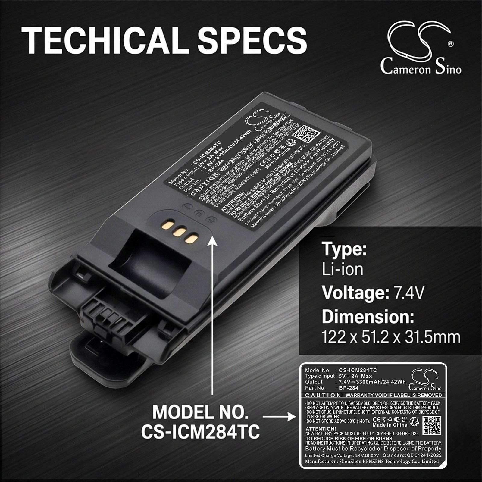 Batteri til toveis radio for Icom IC-F3400, IC-F3400D, IC-F3400DP m.fl.