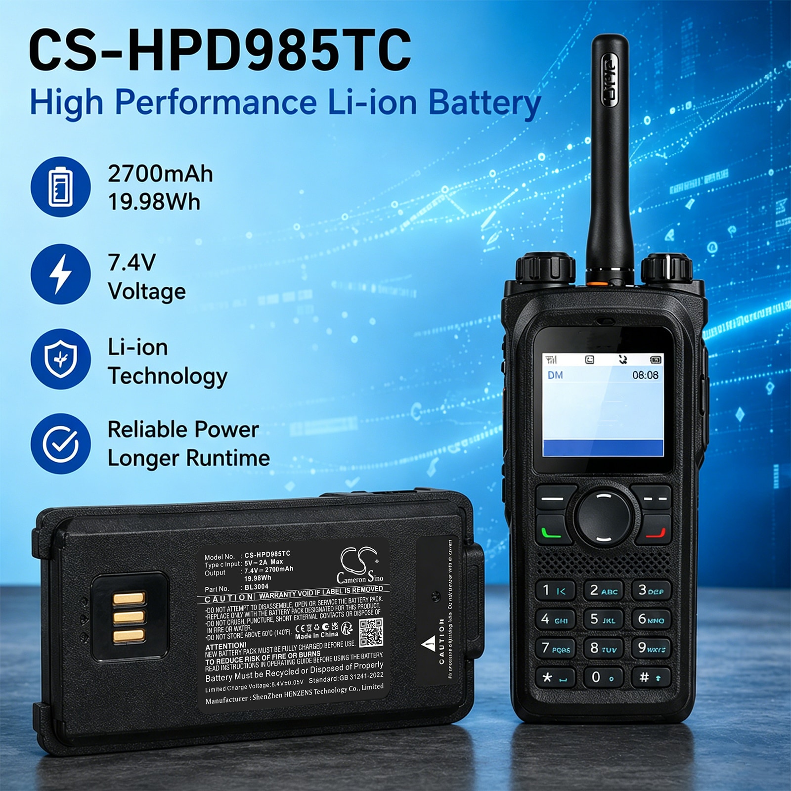 Batteri til toveis radio for Hytera PD980, PD980, PD985 m.fl.