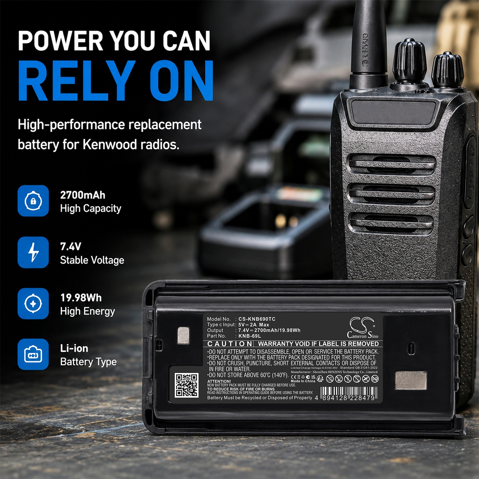 Batteri til toveis radio for Kenwood NX-240, NX-240V16P, NX-240V16P2 m.fl.