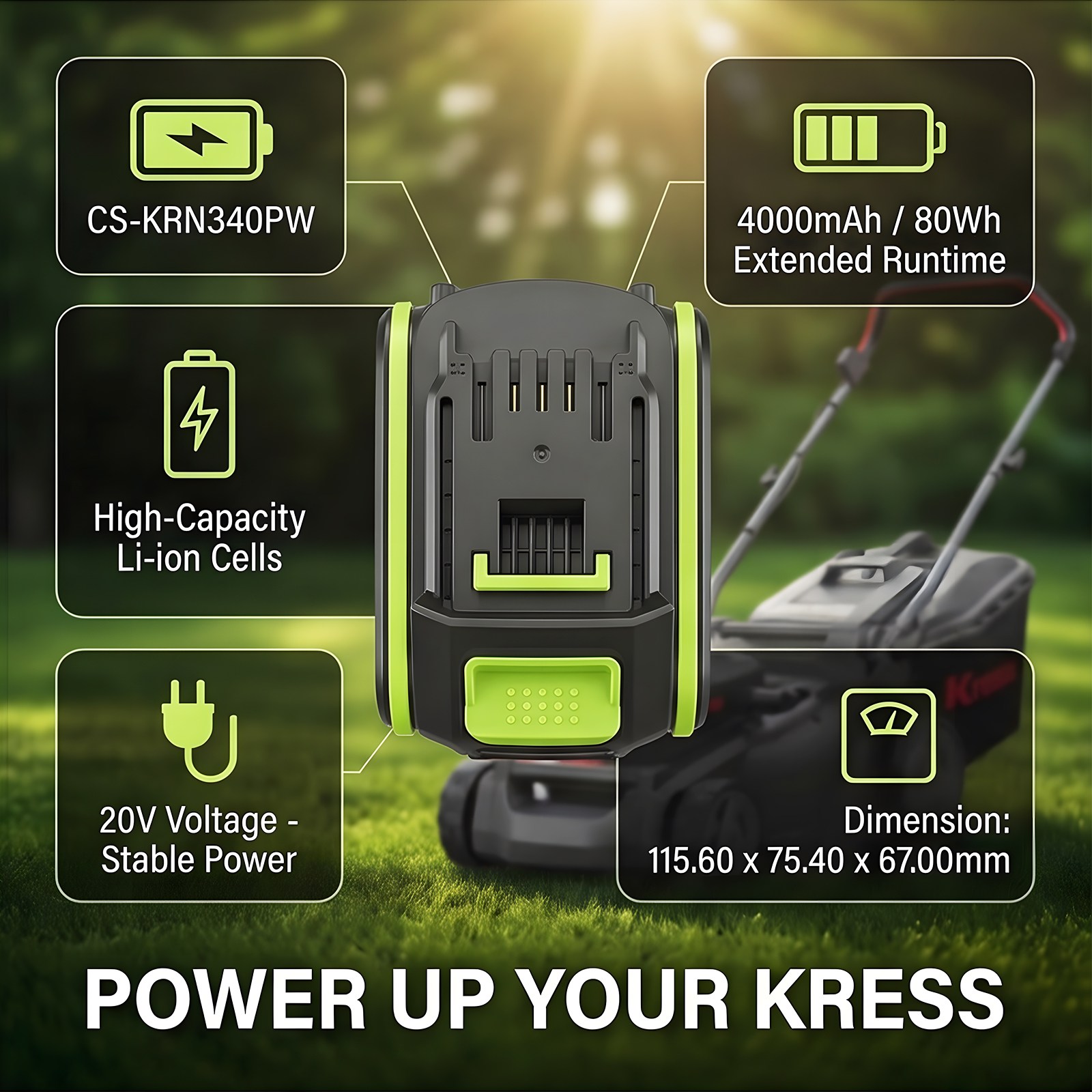 Batteri til gressklippere for Kress 40 V 37 cm trådløs børsteløs hånddrevet gressklipper m.fl.
