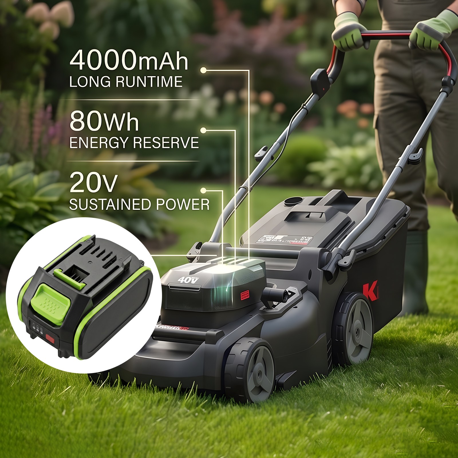 Batteri til gressklippere for Kress 40 V 37 cm trådløs børsteløs hånddrevet gressklipper m.fl.