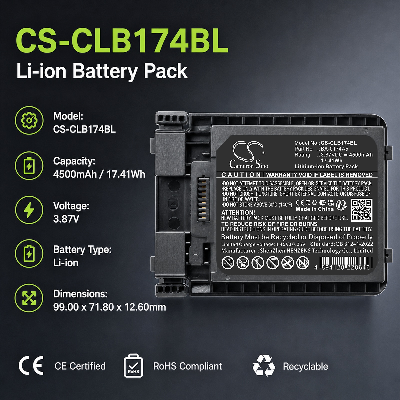 Batteri til strekkodeleser for CipherLAB R25, RS38, RS38WO