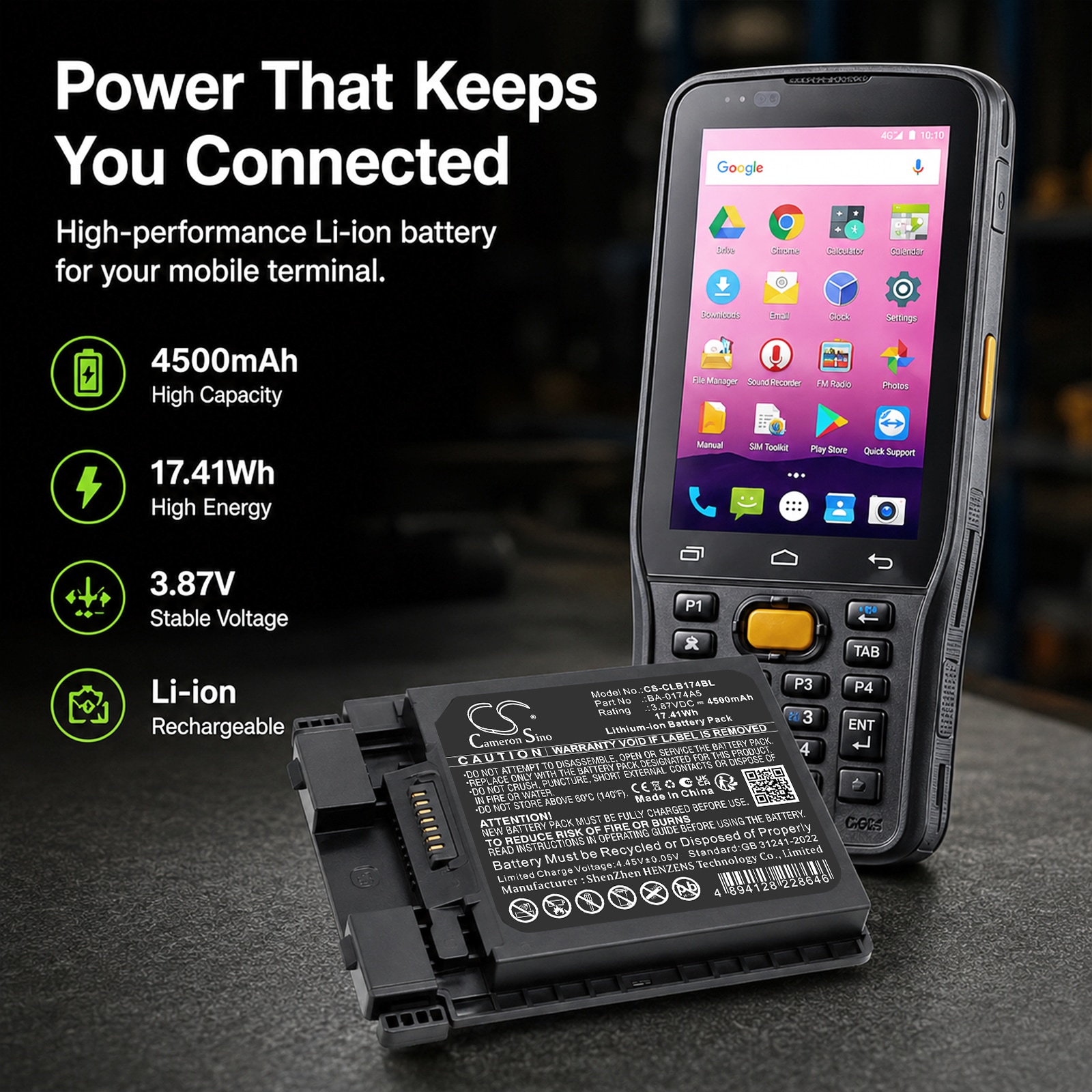 Batteri til strekkodeleser for CipherLAB R25, RS38, RS38WO