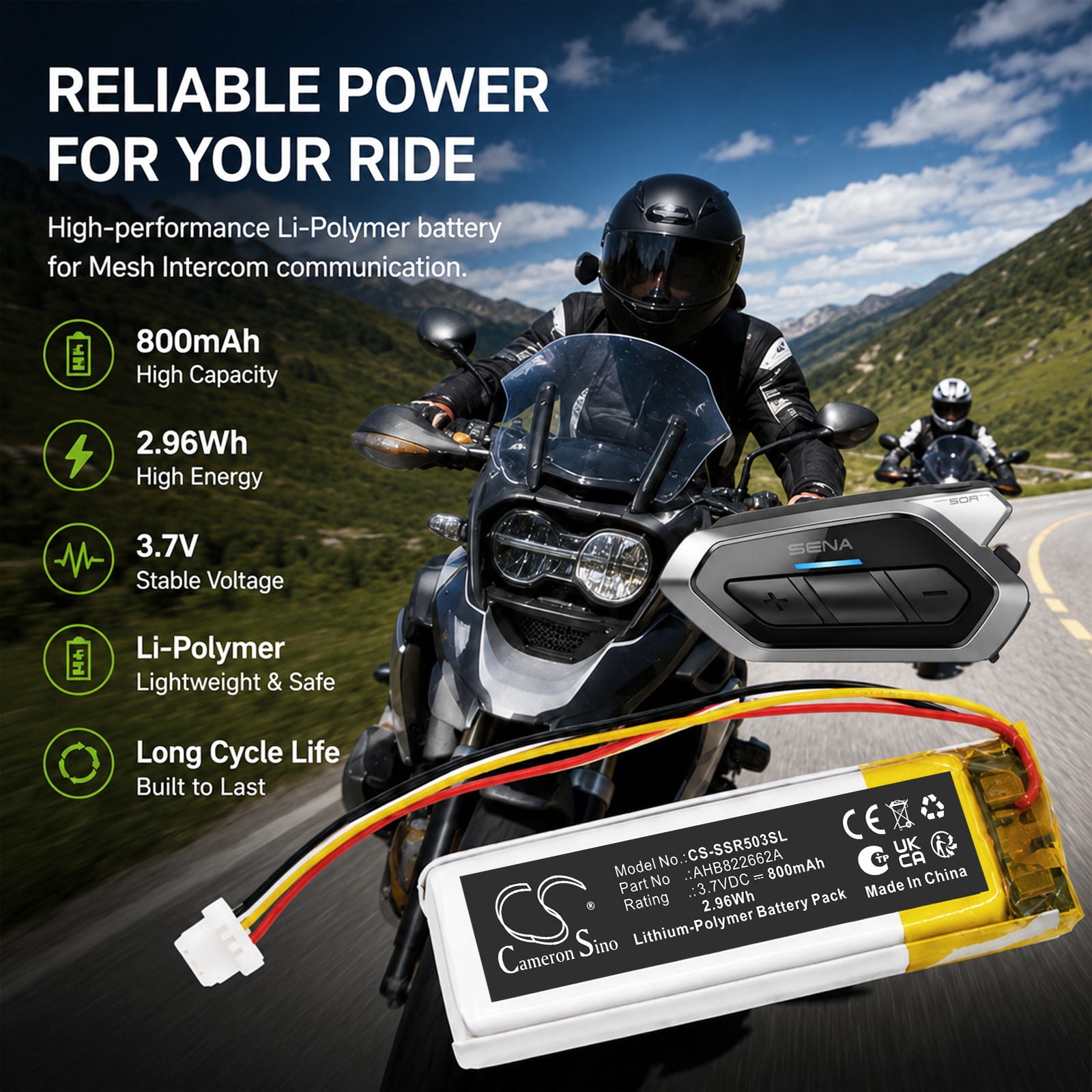 Batteri til trådløst headset for Sena 50R 3-Button Spider RT1 Bluetooth