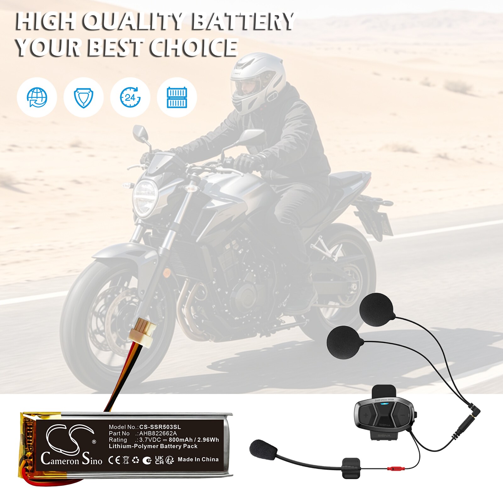 Batteri til trådløst headset for Sena 50R 3-Button Spider RT1 Bluetooth