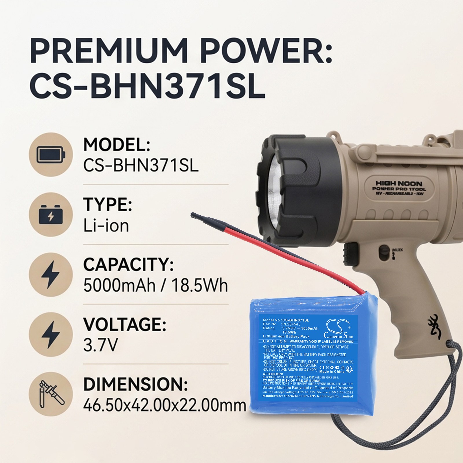Batteri til lommelykt for Browning 3717805, High Noon Power Pro Spotlight