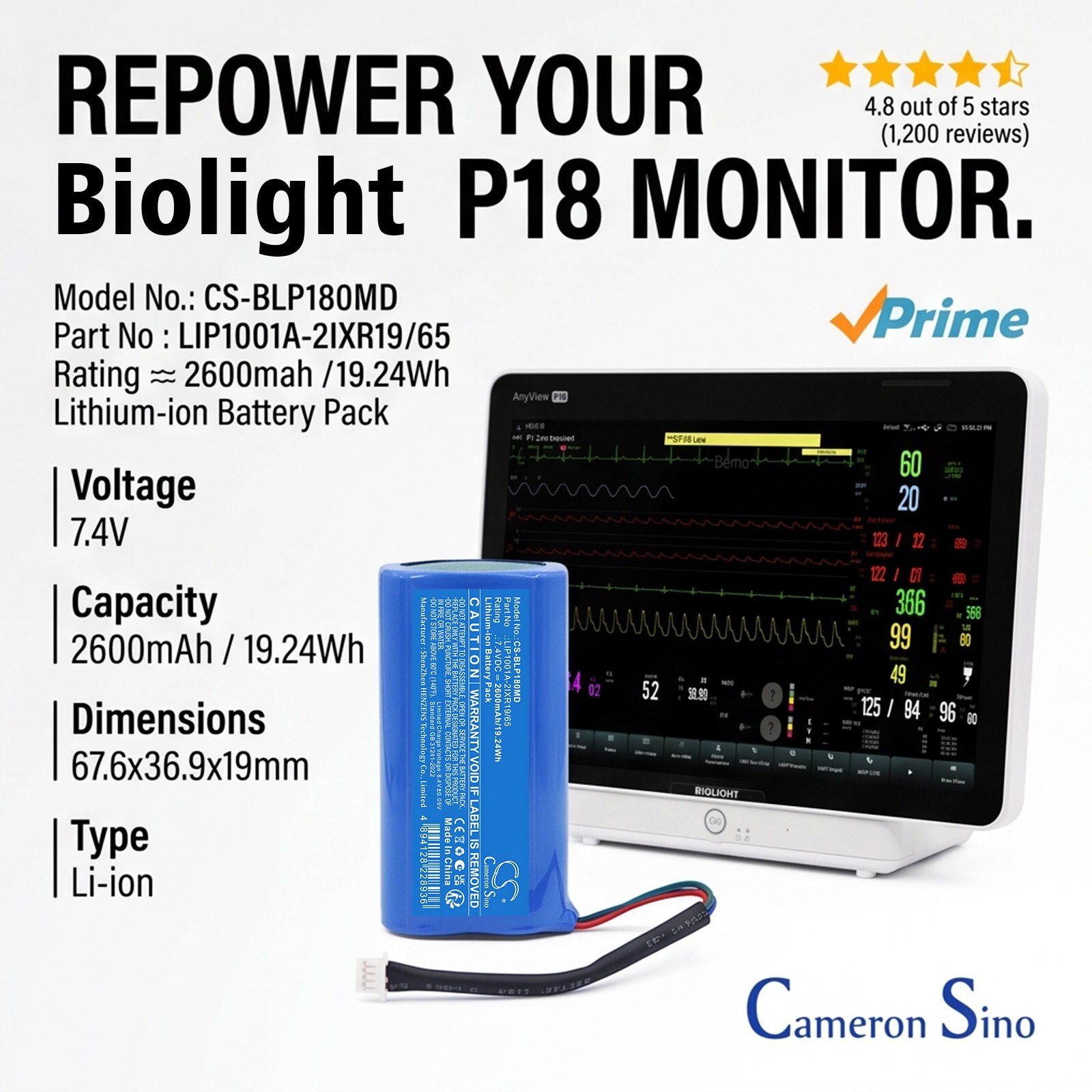 Batteri til Biolight BP18 pasientmonitor og P1 pasientmonitor