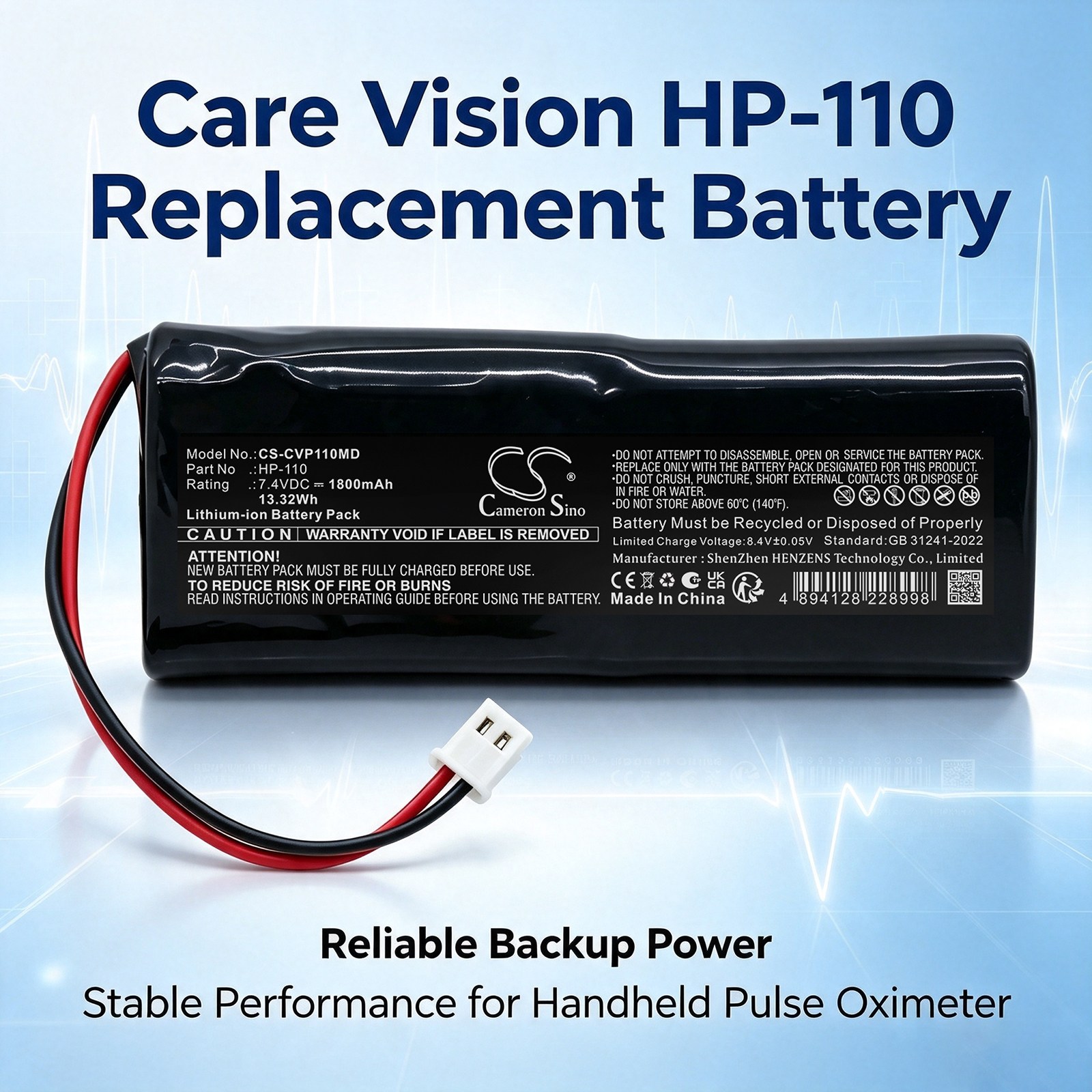 Batteri til Care Vision HP-110 håndholdt pulsoximeter for medisinsk bruk