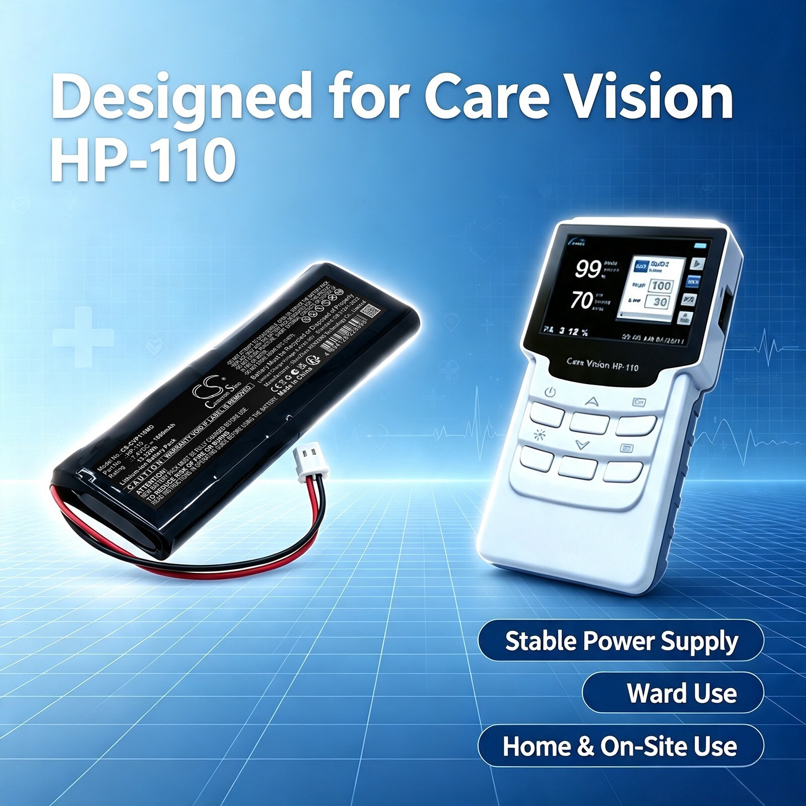 Batteri til Care Vision HP-110 håndholdt pulsoximeter for medisinsk bruk