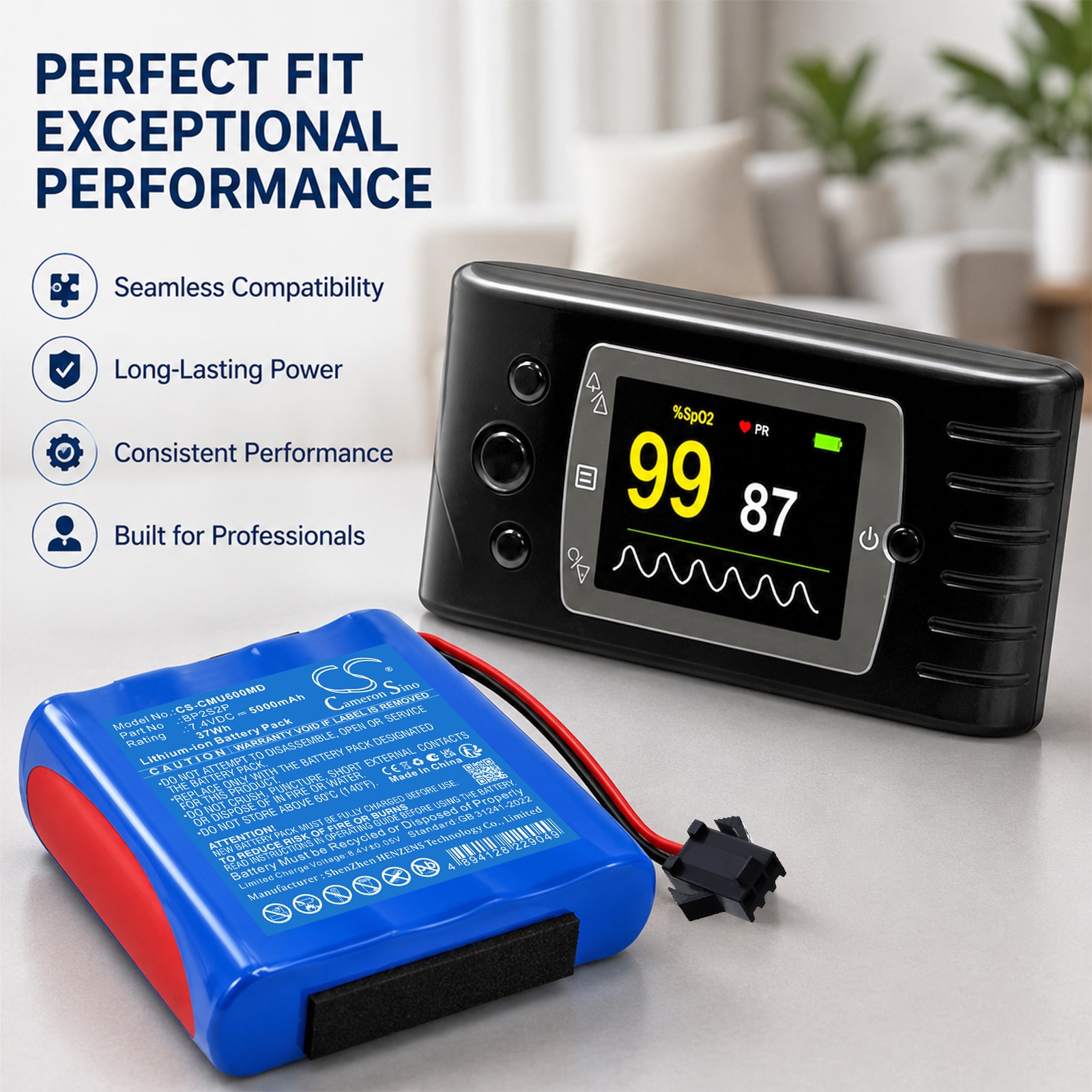 Batteri til medisinsk utstyr for CONTEC CMS800 pasientmonitor, CMS900 pasientmonitor m.fl.