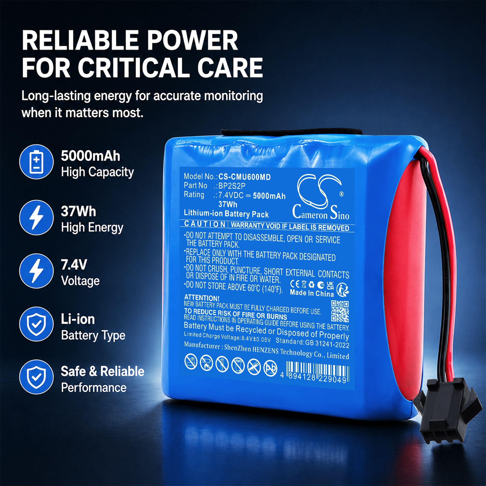 Batteri til medisinsk utstyr for CONTEC CMS800 pasientmonitor, CMS900 pasientmonitor m.fl.