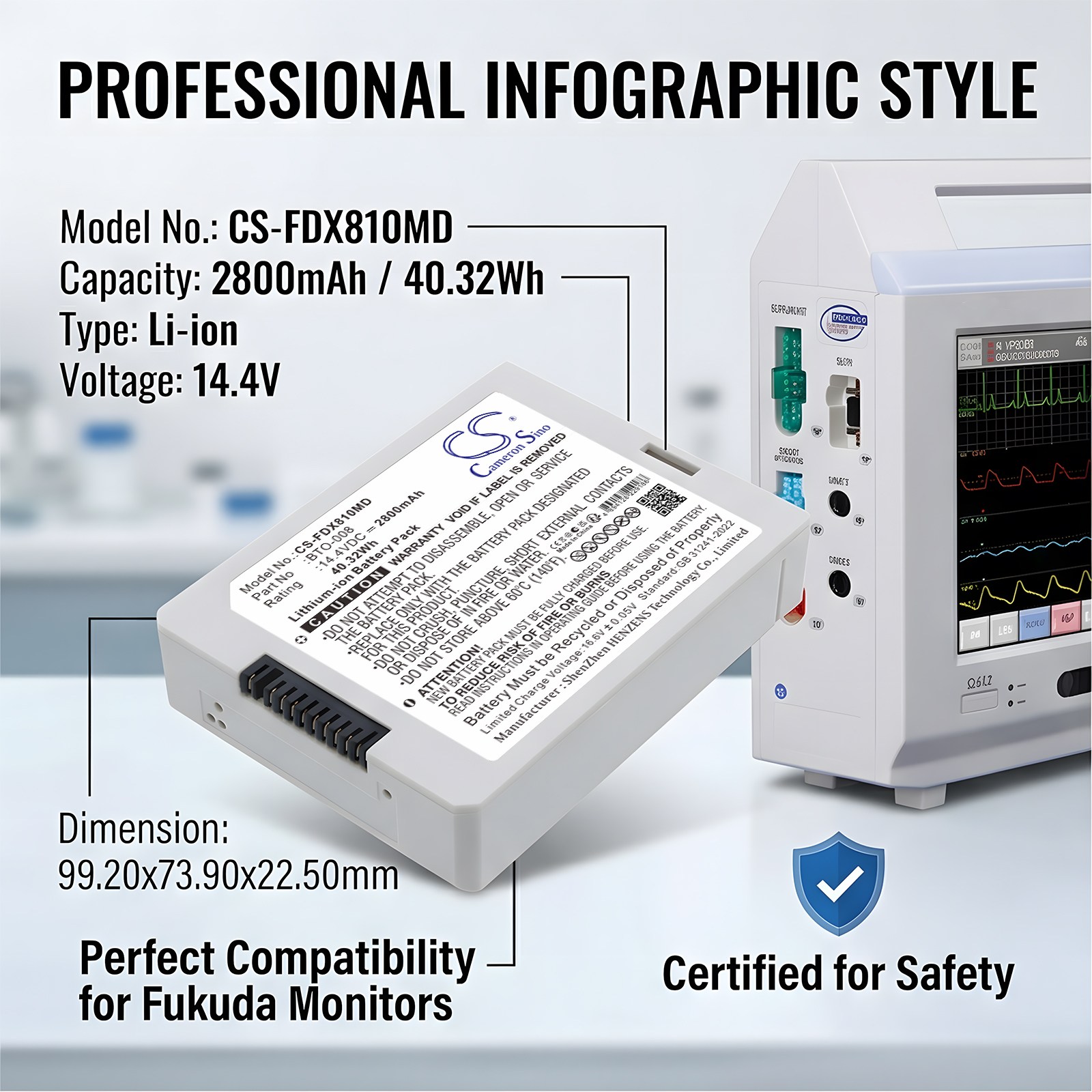 Batteri til Fukuda Denshi DS8100 medisinsk monitor