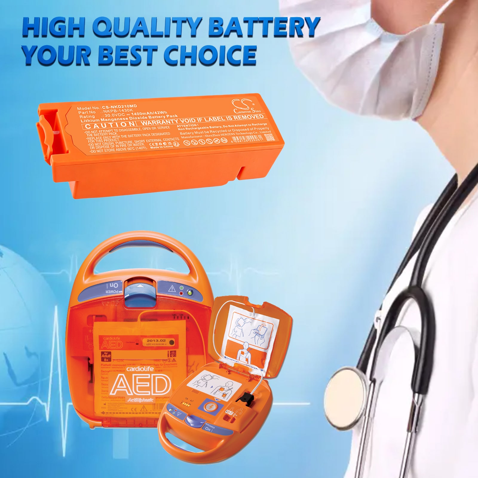 Batteri til medisinsk utstyr fra Nihon Kohden AED-2100K, defibrillator Cardiolife AED2100