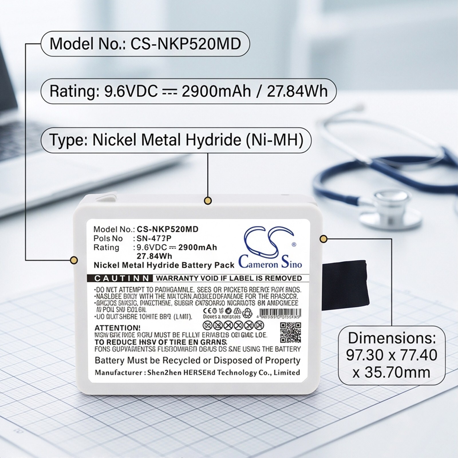 Batteri til medisinsk utstyr fra Nihon Kohden: BSM1700, BSM-3000, BSM3000 m.fl.