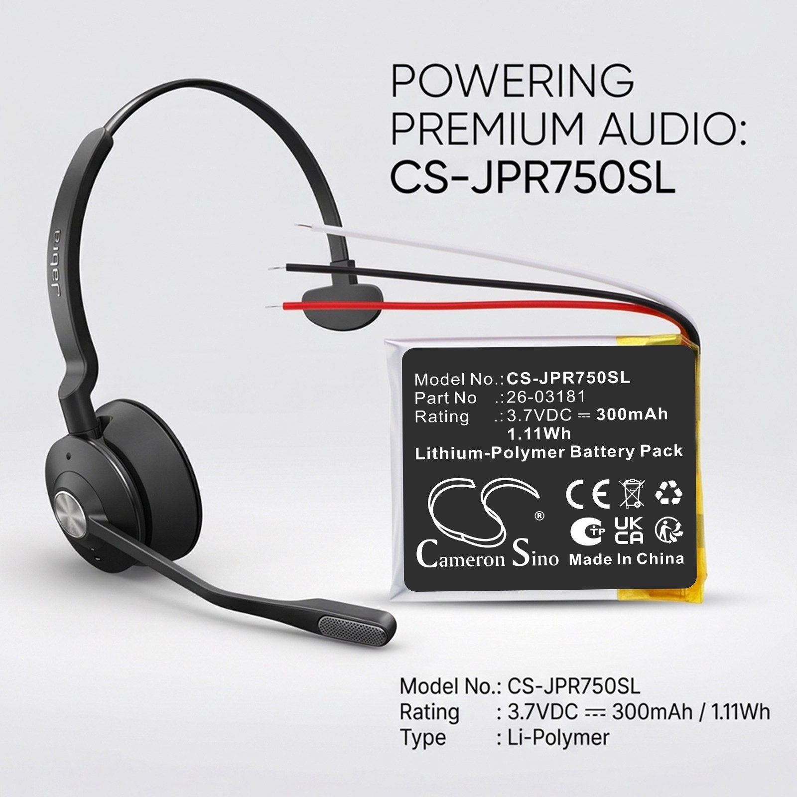 Batteri til trådløst headset for Jabra Engage 65 Mono, Engage 65 Stereo, Engage 75 m.fl.