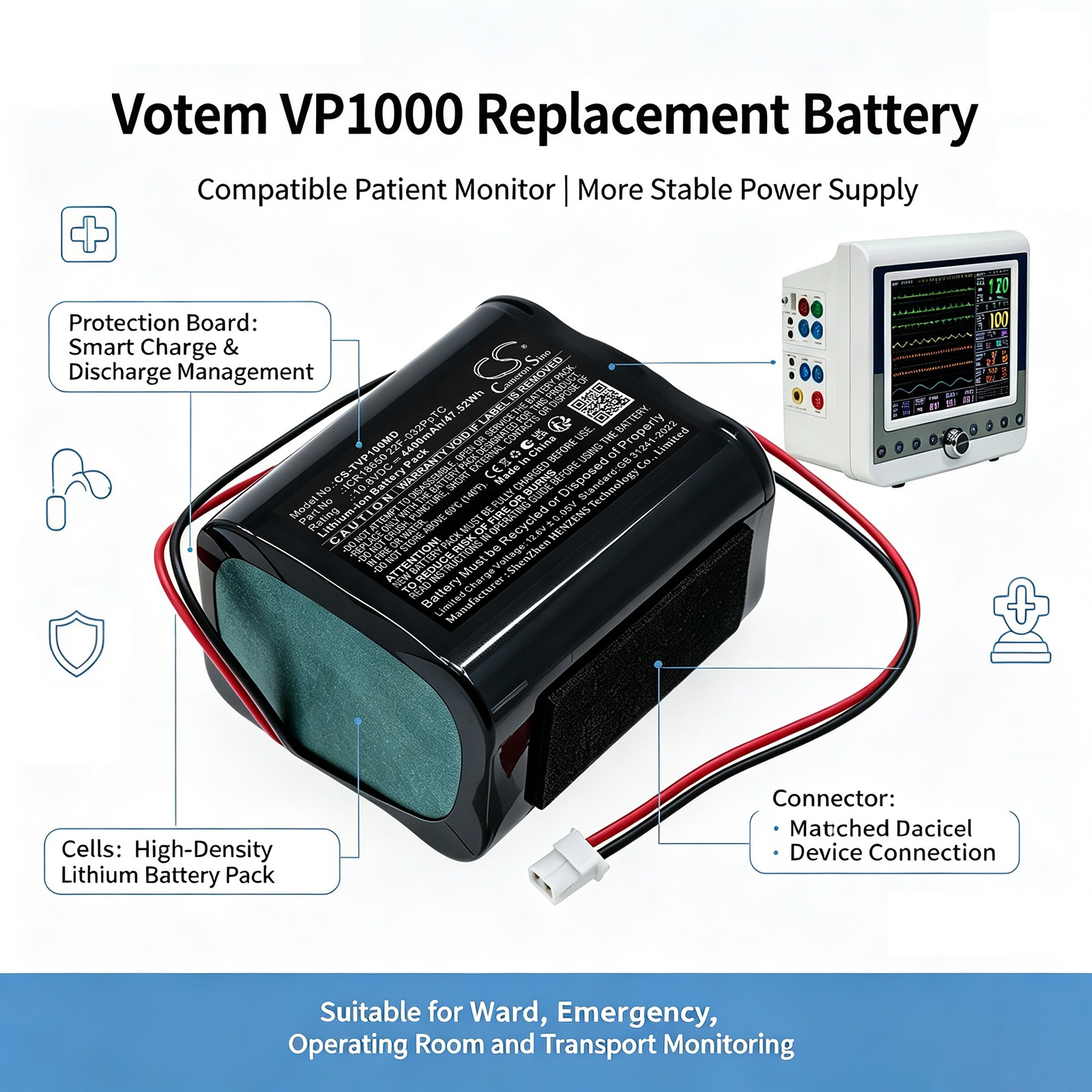 Batteri til medisinsk utstyr for Tecme  Votem VP1200, Votem VP1000