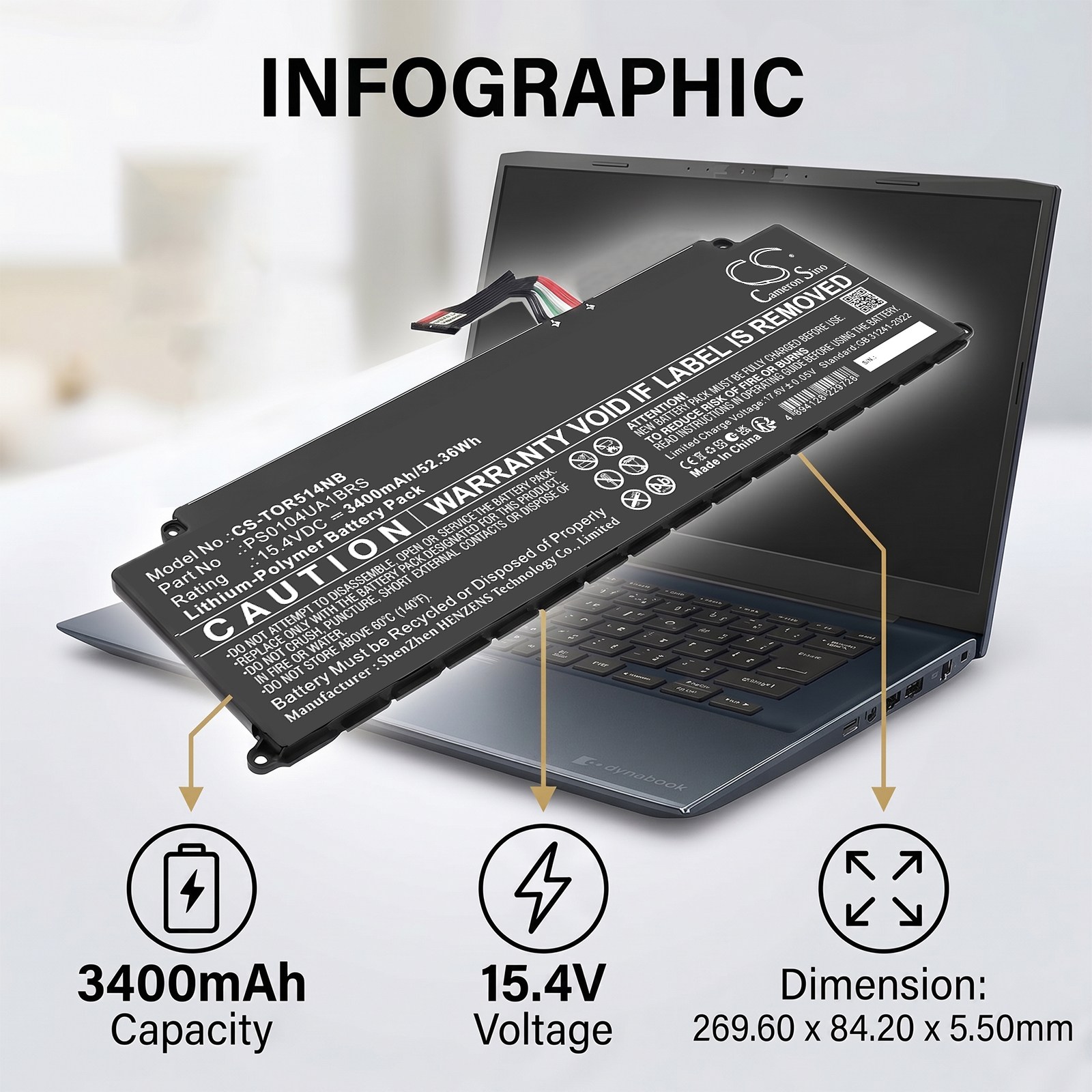 Batteri til bærbar PC, notatbok for Toshiba Dynabook 4icp5/63/71, Dynabook M7/u m.fl.