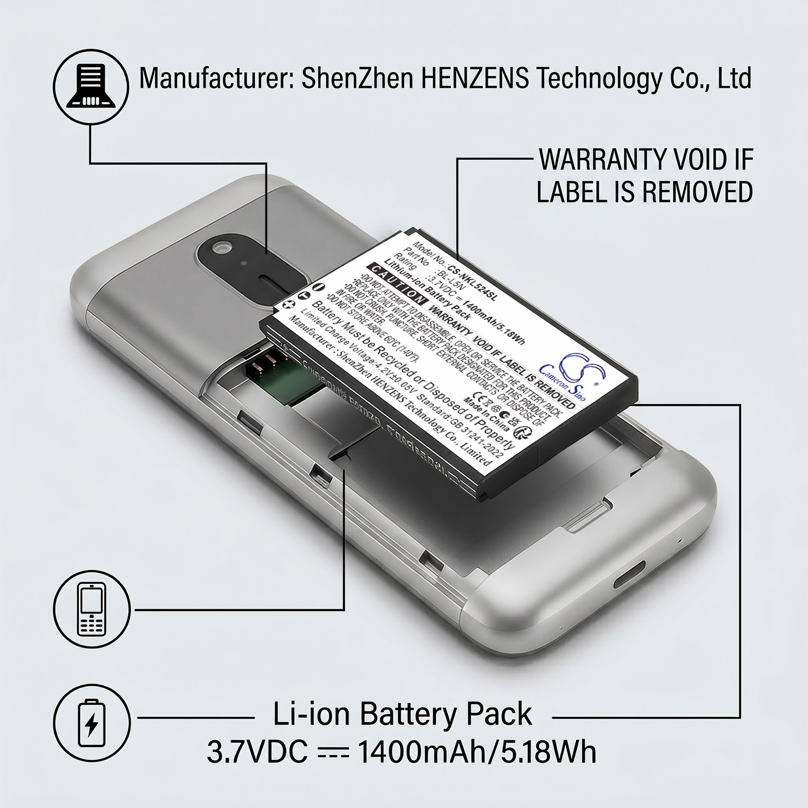 Batteri til mobiltelefon, smarttelefon for Nokia 230 2024