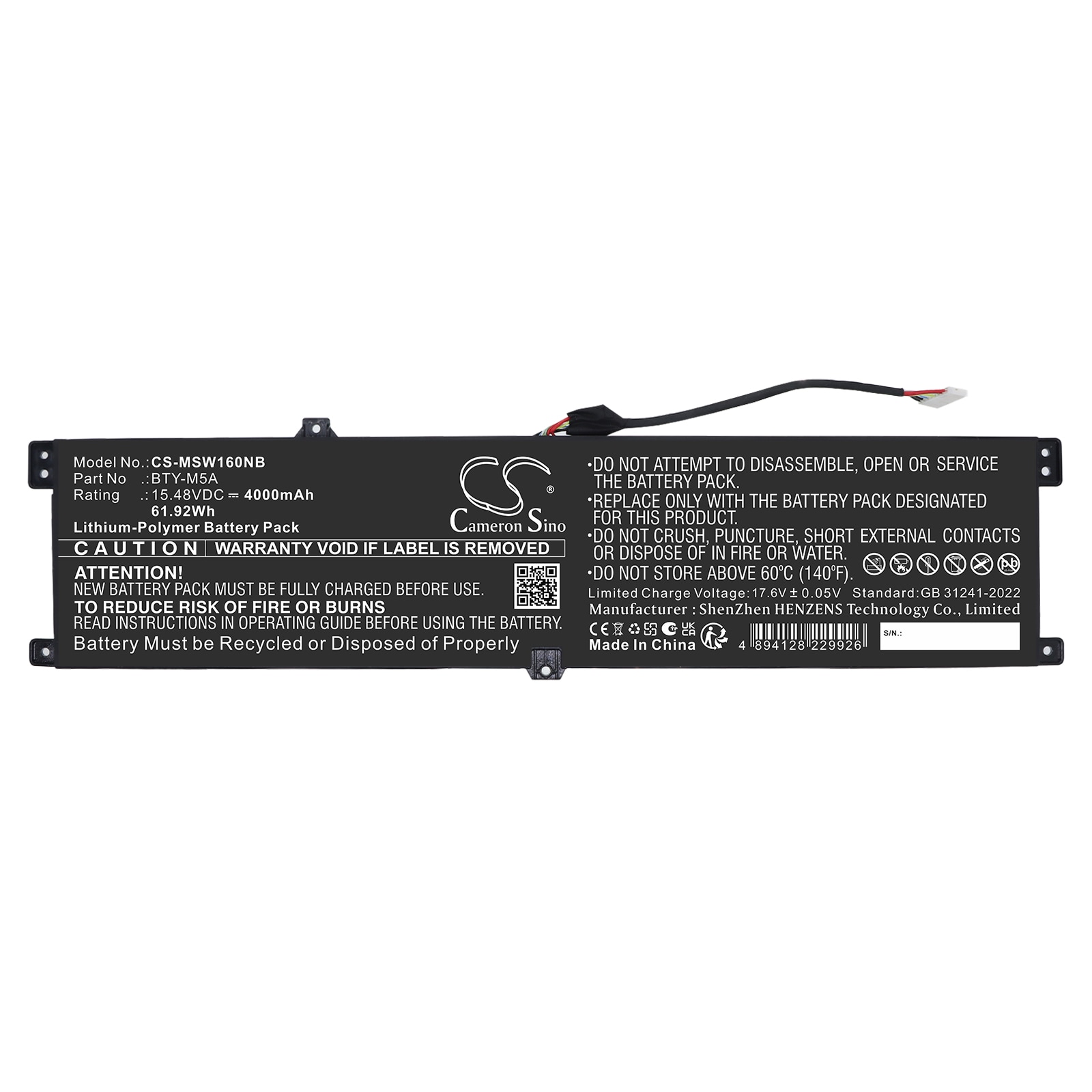 Batteri til bærbar PC, bærbar PC for MSI B14VFKG-056UK, Sword 16 HX B14VFKG-056UK