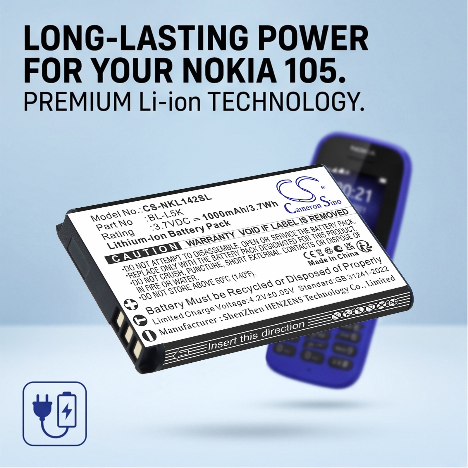 Batteri til mobiltelefon, smarttelefon for Nokia 105+ 2022, 105 Plus, TA-1428 m.fl.