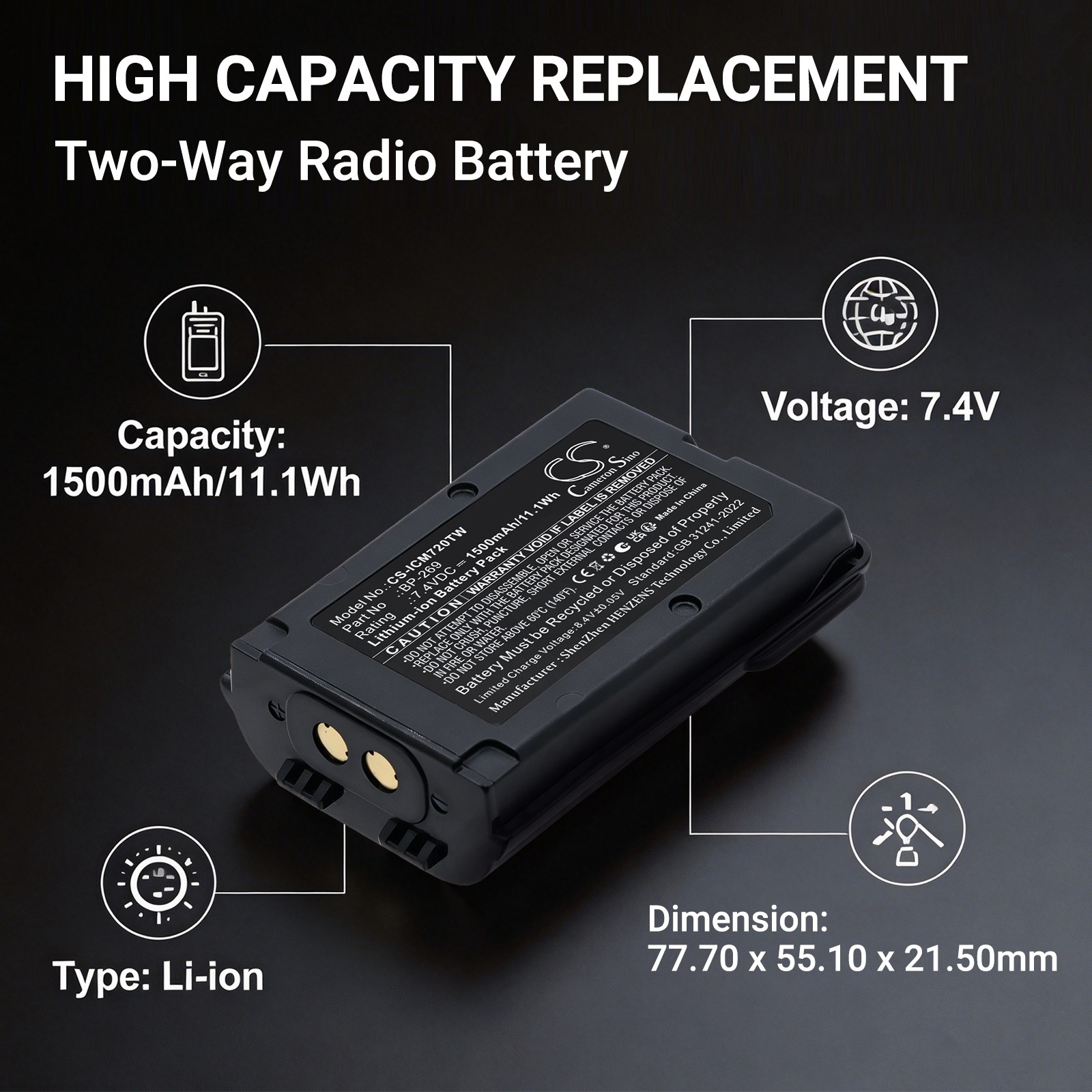 Batteri til toveis radio for Icom IC-M72J, IC-M73J
