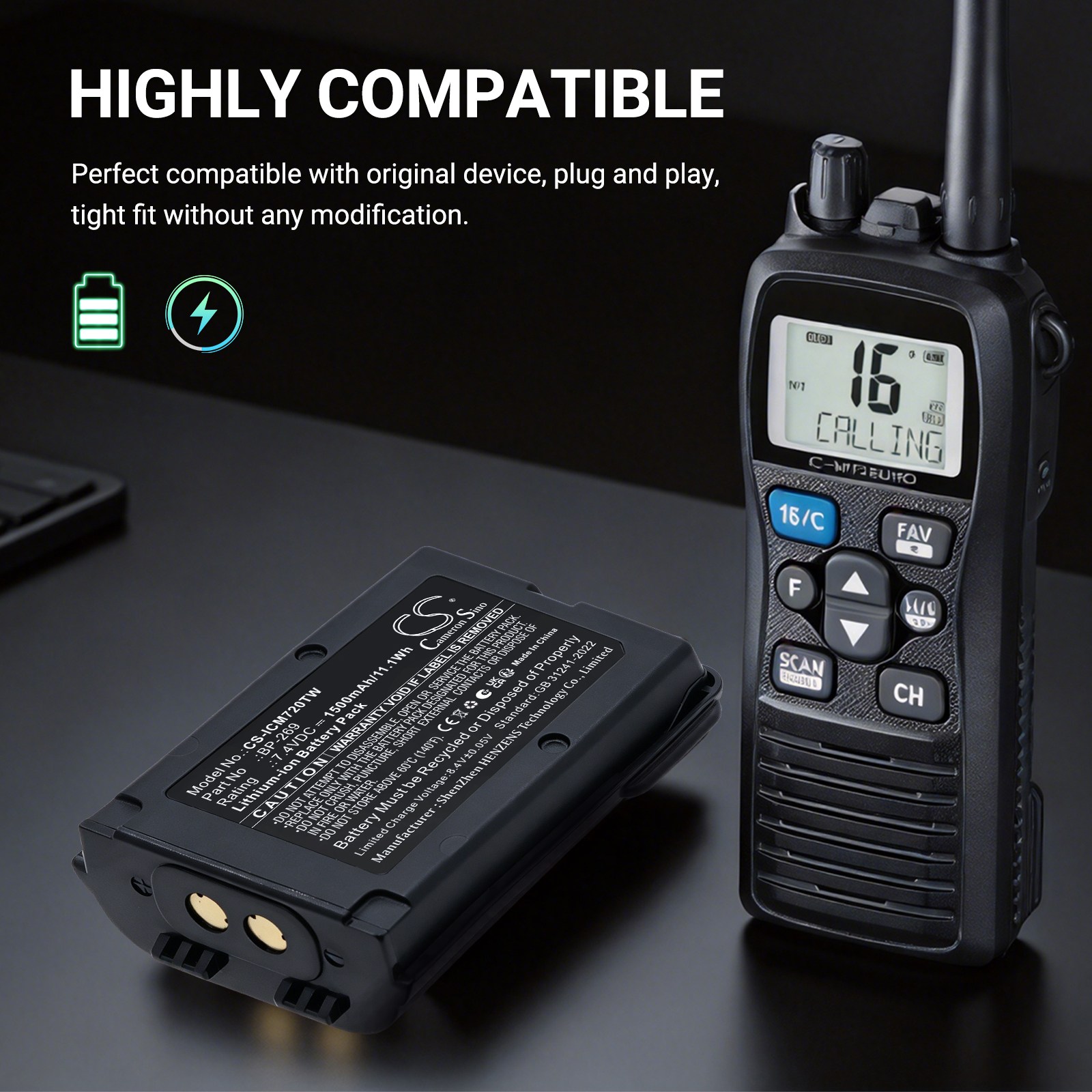 Batteri til toveis radio for Icom IC-M72J, IC-M73J